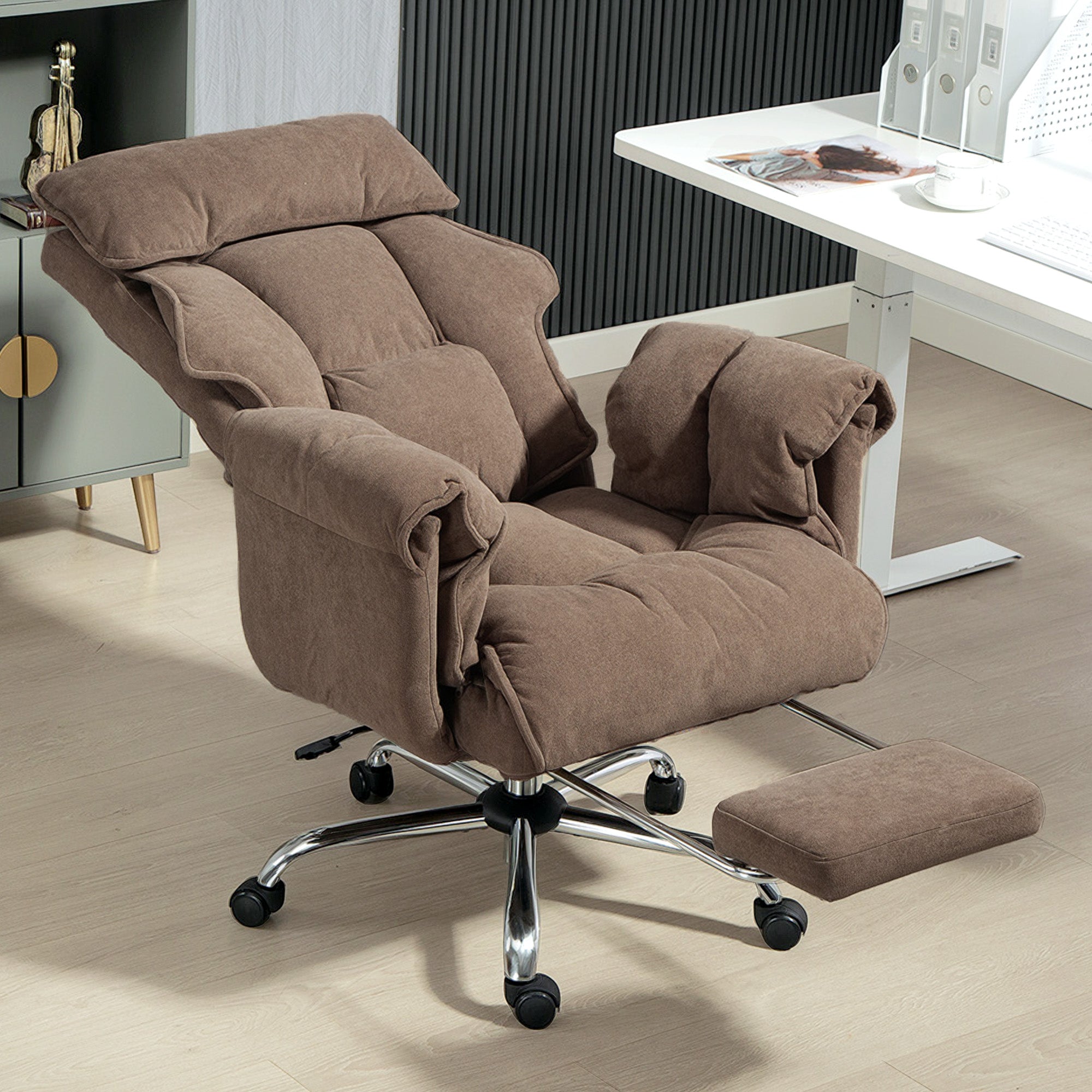 Executive Office Chair with Footrest, Reclining Swivel Computer Desk Chair with High Back, Double-layer Padding, Headrest, Adjustable Height, Rolling Wheels, Light Brown
