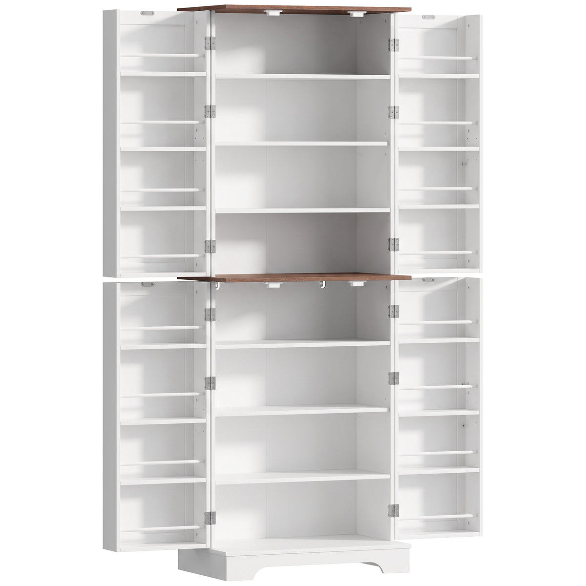 166cm Tall Kitchen Pantry Cabinet, Adjustable Shelves, Farmhouse Storage Cabinet with 8 Shelves and 16 Door Racks, Freestanding Food Pantry, Barn Doors, White and Brown