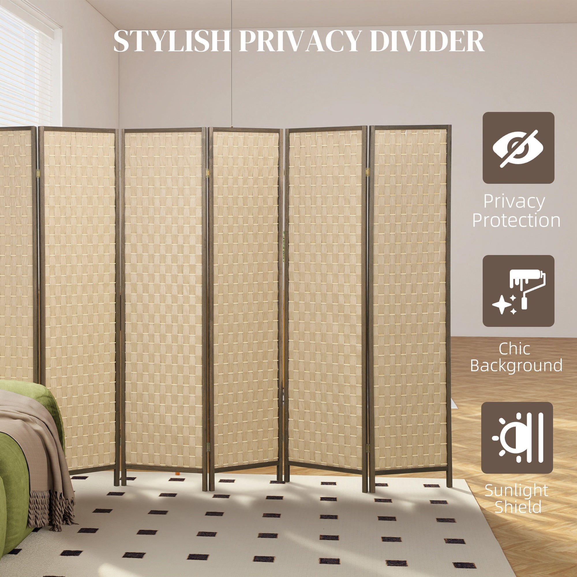 6 Panel Room Divider, 6 FT Lightweight Folding Privacy Screen, Freestanding Handwoven Partition for Living Room Bedroom Office, Brown