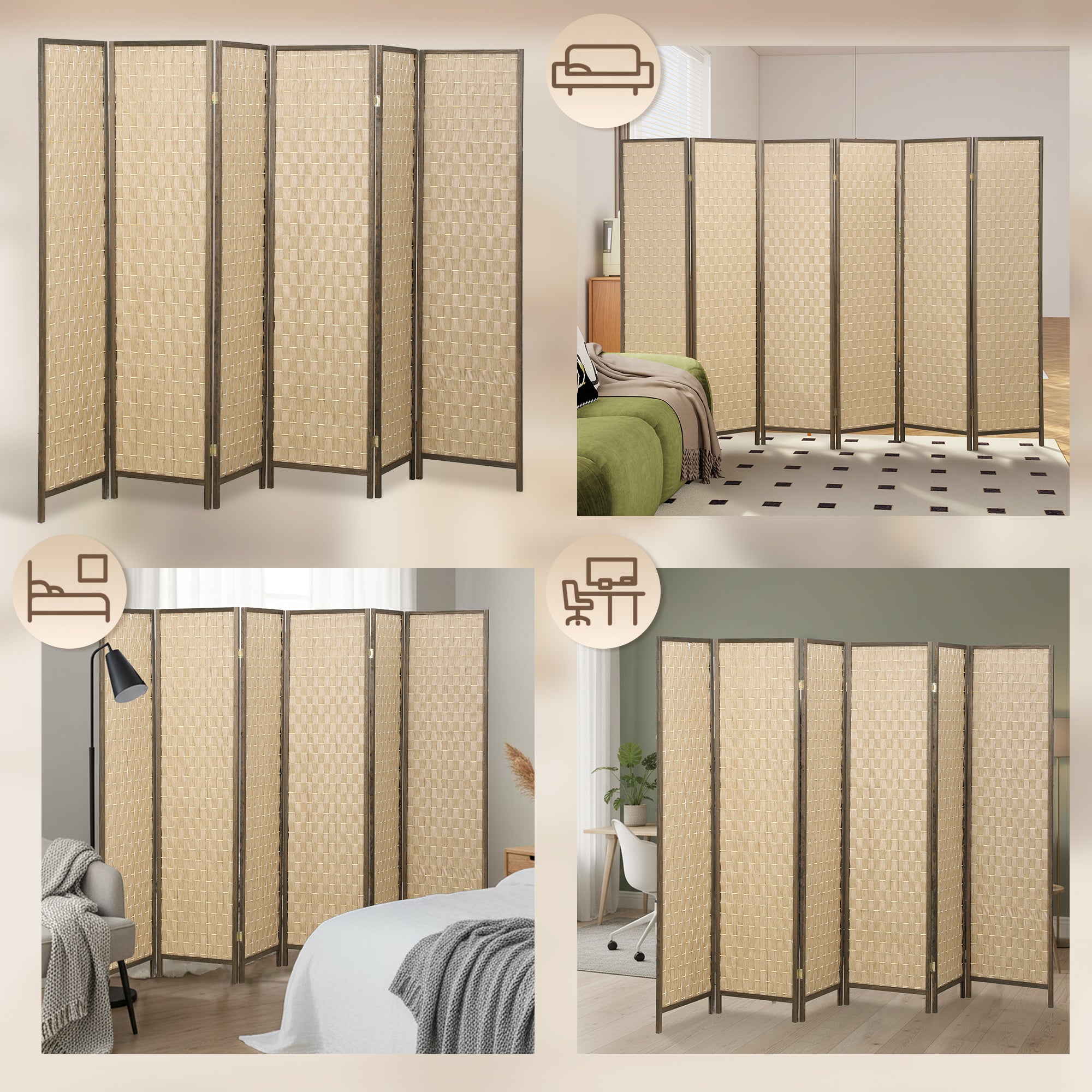 6 Panel Room Divider, 6 FT Lightweight Folding Privacy Screen, Freestanding Handwoven Partition for Living Room Bedroom Office, Brown