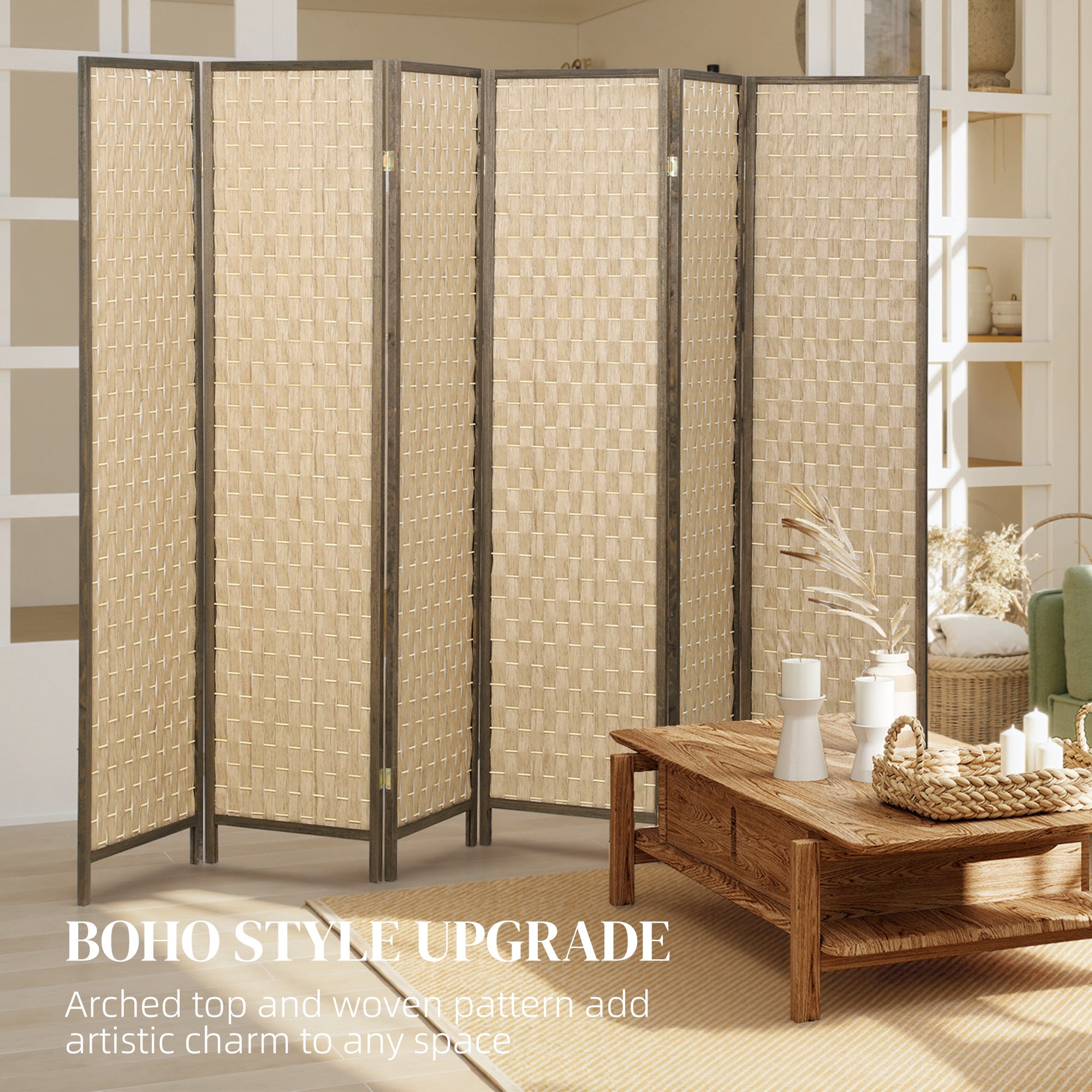 6 Panel Room Divider, 6 FT Lightweight Folding Privacy Screen, Freestanding Handwoven Partition for Living Room Bedroom Office, Brown