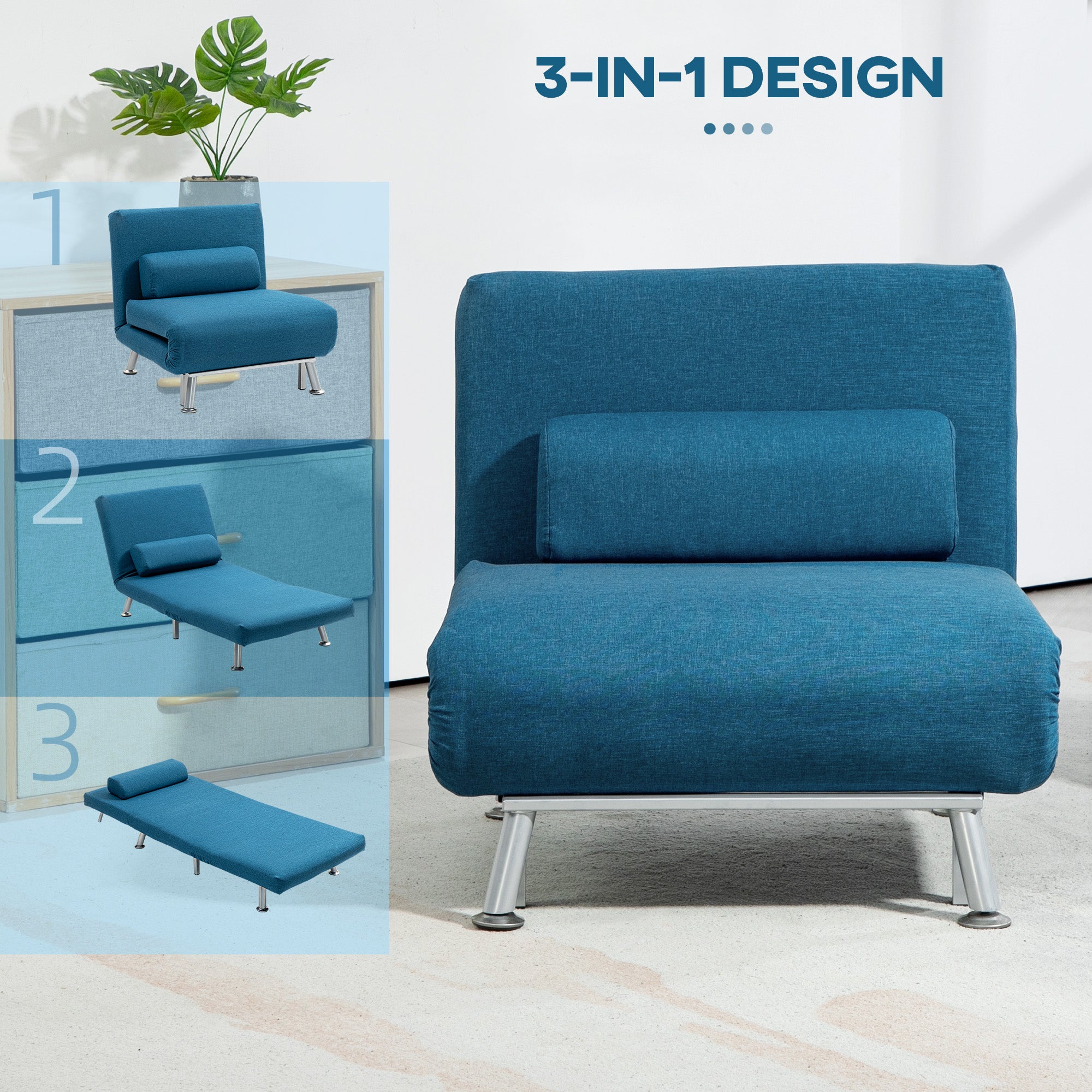HOMCOM Linen Single Chair Bed, 3-in-1 Convertible Sleeper Chair with Adjustable Backrest, Pillow, for Living Room, Bedroom, Blue
