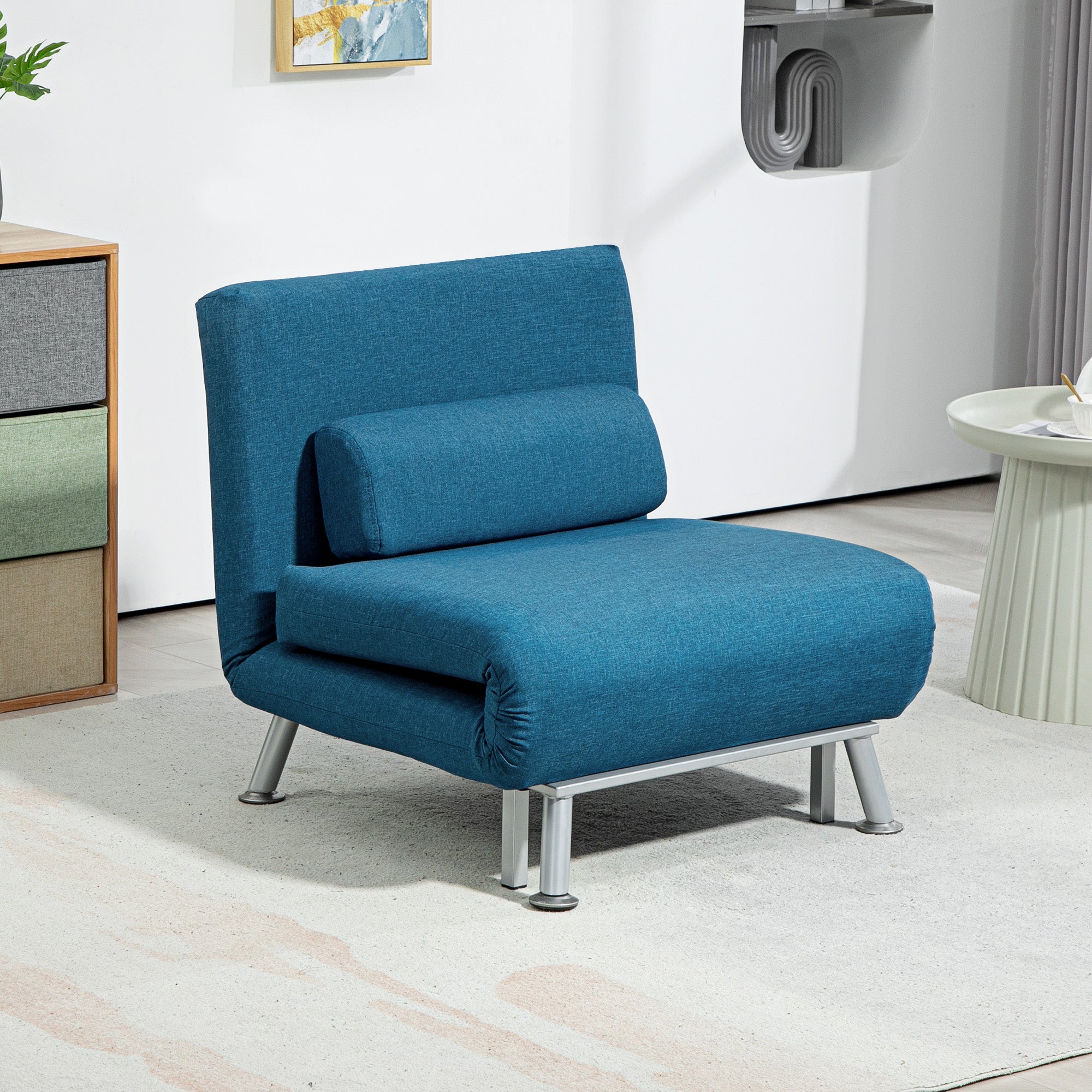 HOMCOM Linen Single Chair Bed, 3-in-1 Convertible Sleeper Chair with Adjustable Backrest, Pillow, for Living Room, Bedroom, Blue