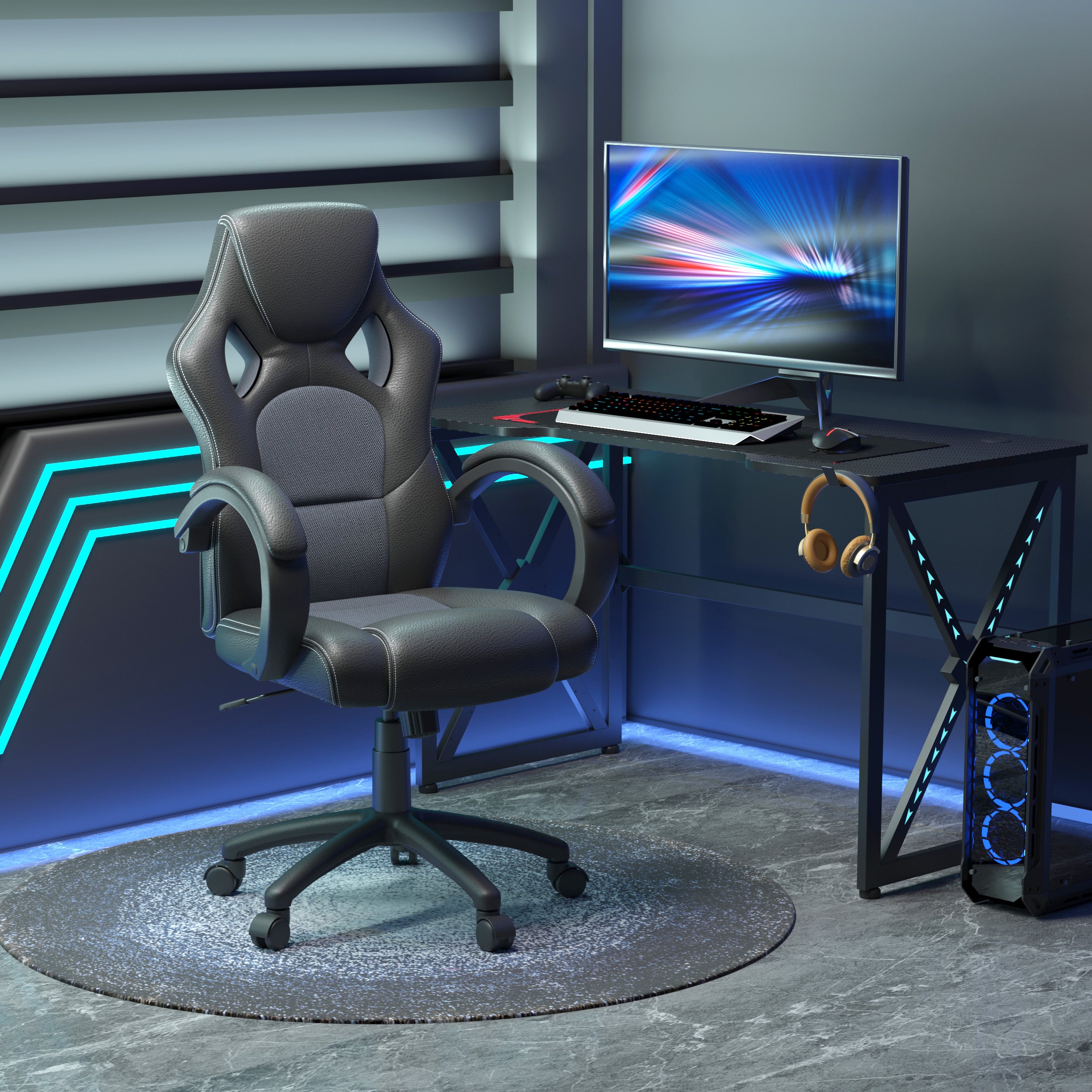 Vinsetto High-Back Gaming Chair Faux Leather Swivel Computer Racing Gamer Desk Chair for Home Office with Wheels, Gray