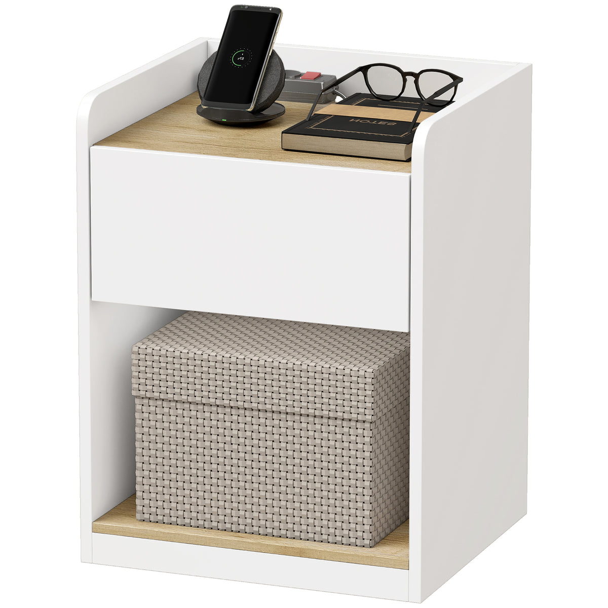 Modern Bedside Table, Slim Nightstand with Drawer, Shelf and Cable Holes, Bedside Cabinet for Bedroom, Living Room, White and Oak