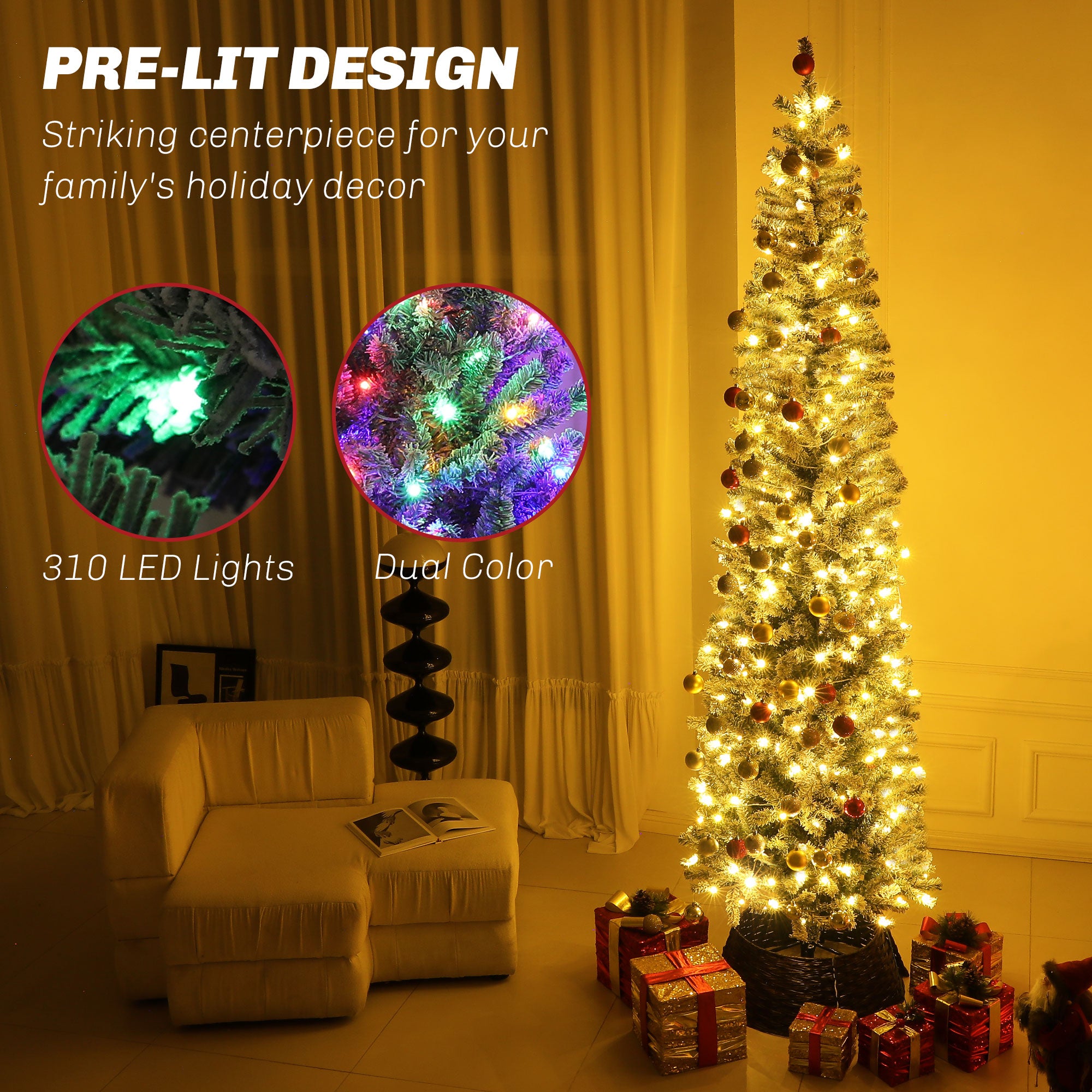 HOMCOM 9ft Pre-Lit Pencil Christmas Tree with Remote, Adjustable Brightness, Artificial Christmas Tree with 310 Dual Colour LEDs, 895 Tips, Metal Stand, Flocked Xmas Tree, Green