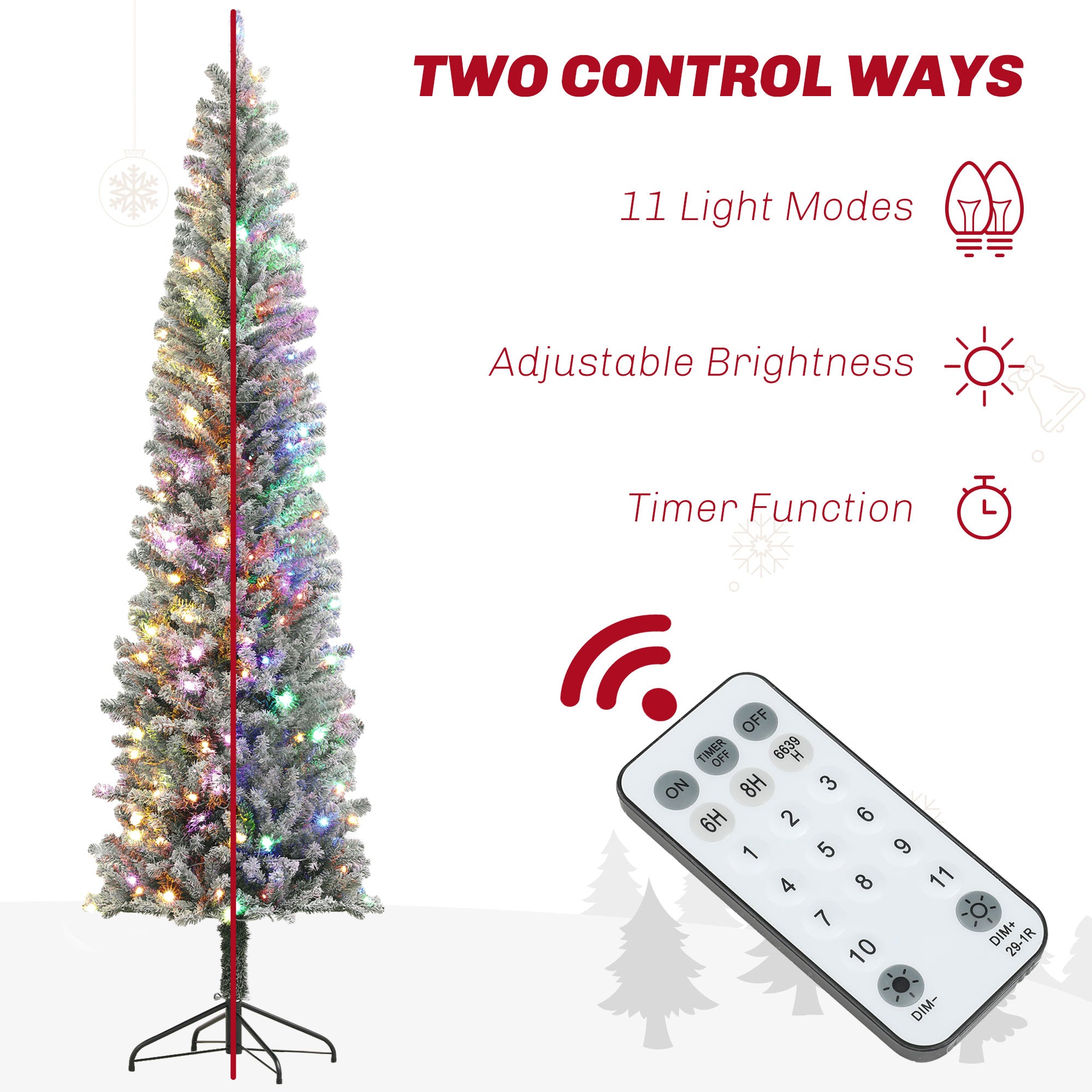 HOMCOM 9ft Pre-Lit Pencil Christmas Tree with Remote, Adjustable Brightness, Artificial Christmas Tree with 310 Dual Colour LEDs, 895 Tips, Metal Stand, Flocked Xmas Tree, Green