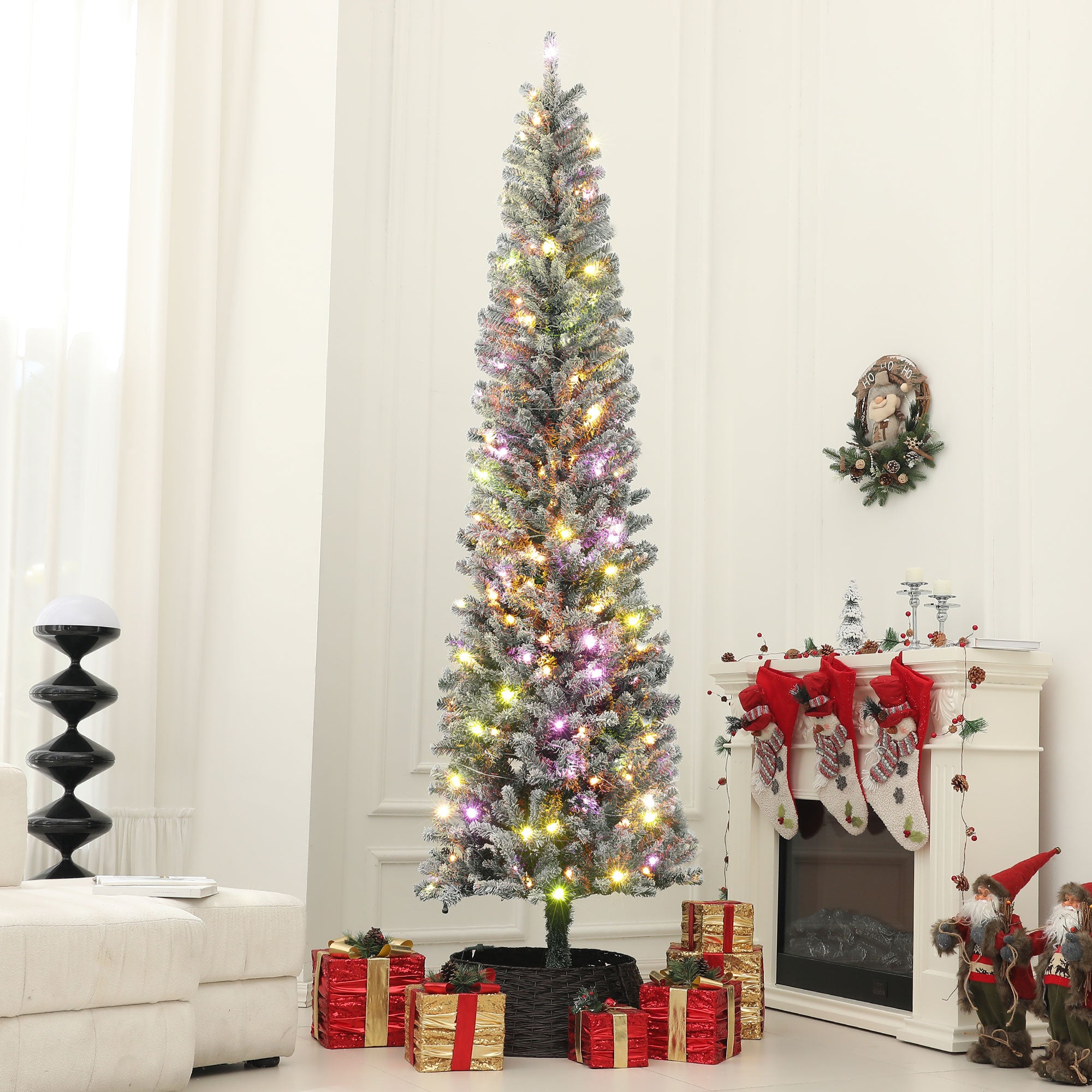 HOMCOM 9ft Pre-Lit Pencil Christmas Tree with Remote, Adjustable Brightness, Artificial Christmas Tree with 310 Dual Colour LEDs, 895 Tips, Metal Stand, Flocked Xmas Tree, Green