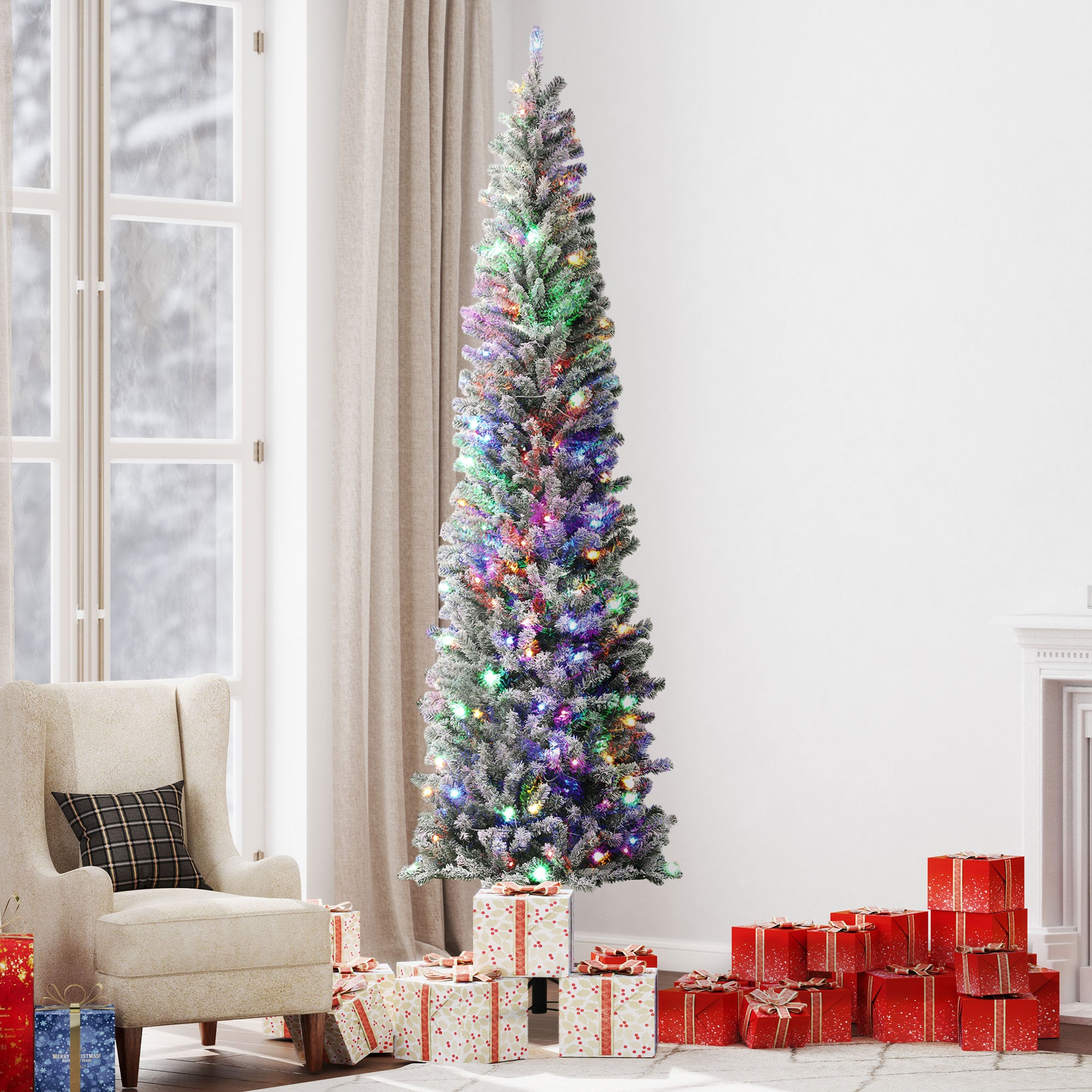 HOMCOM 9ft Pre-Lit Pencil Christmas Tree with Remote, Adjustable Brightness, Artificial Christmas Tree with 310 Dual Colour LEDs, 895 Tips, Metal Stand, Flocked Xmas Tree, Green