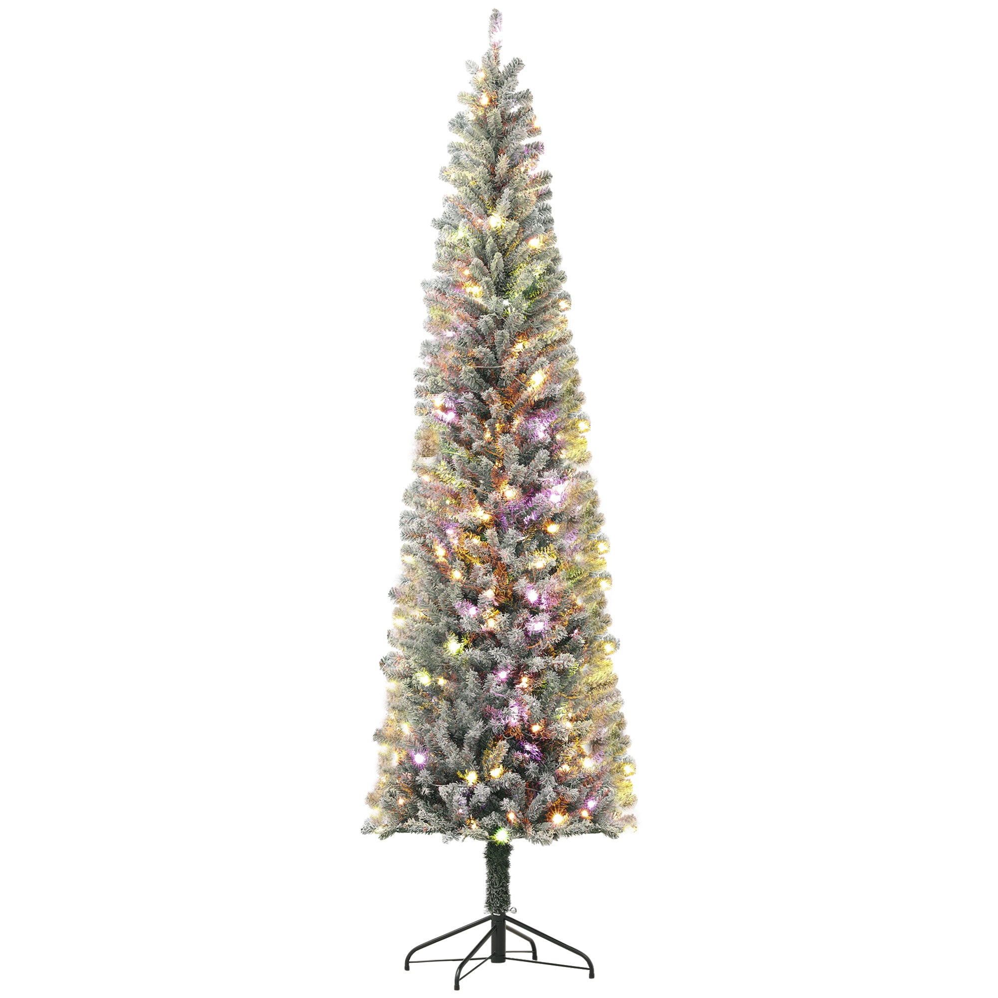 HOMCOM 9ft Pre-Lit Pencil Christmas Tree with Remote, Adjustable Brightness, Artificial Christmas Tree with 310 Dual Colour LEDs, 895 Tips, Metal Stand, Flocked Xmas Tree, Green