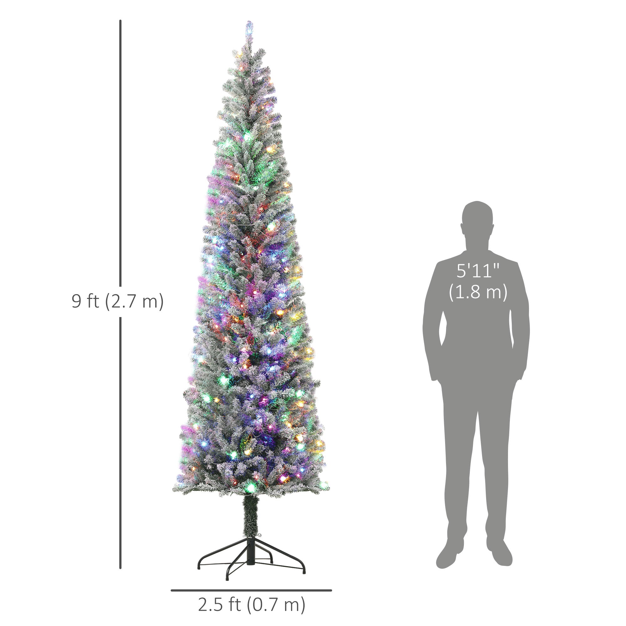 HOMCOM 9ft Pre-Lit Pencil Christmas Tree with Remote, Adjustable Brightness, Artificial Christmas Tree with 310 Dual Colour LEDs, 895 Tips, Metal Stand, Flocked Xmas Tree, Green