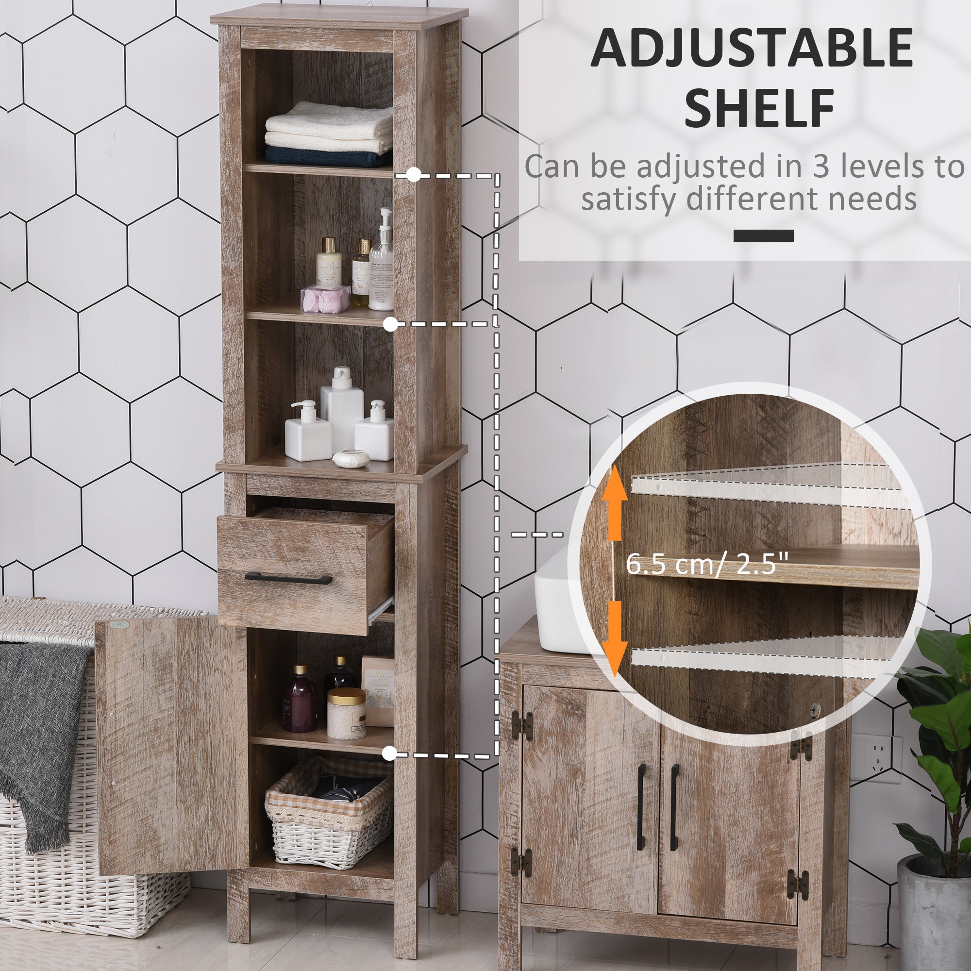 kleankin Tall Bathroom Storage Cabinet, Space Saving Bathroom Floor Cabinet with Adjustable Shelves and Door, Free Standing Linen Tower