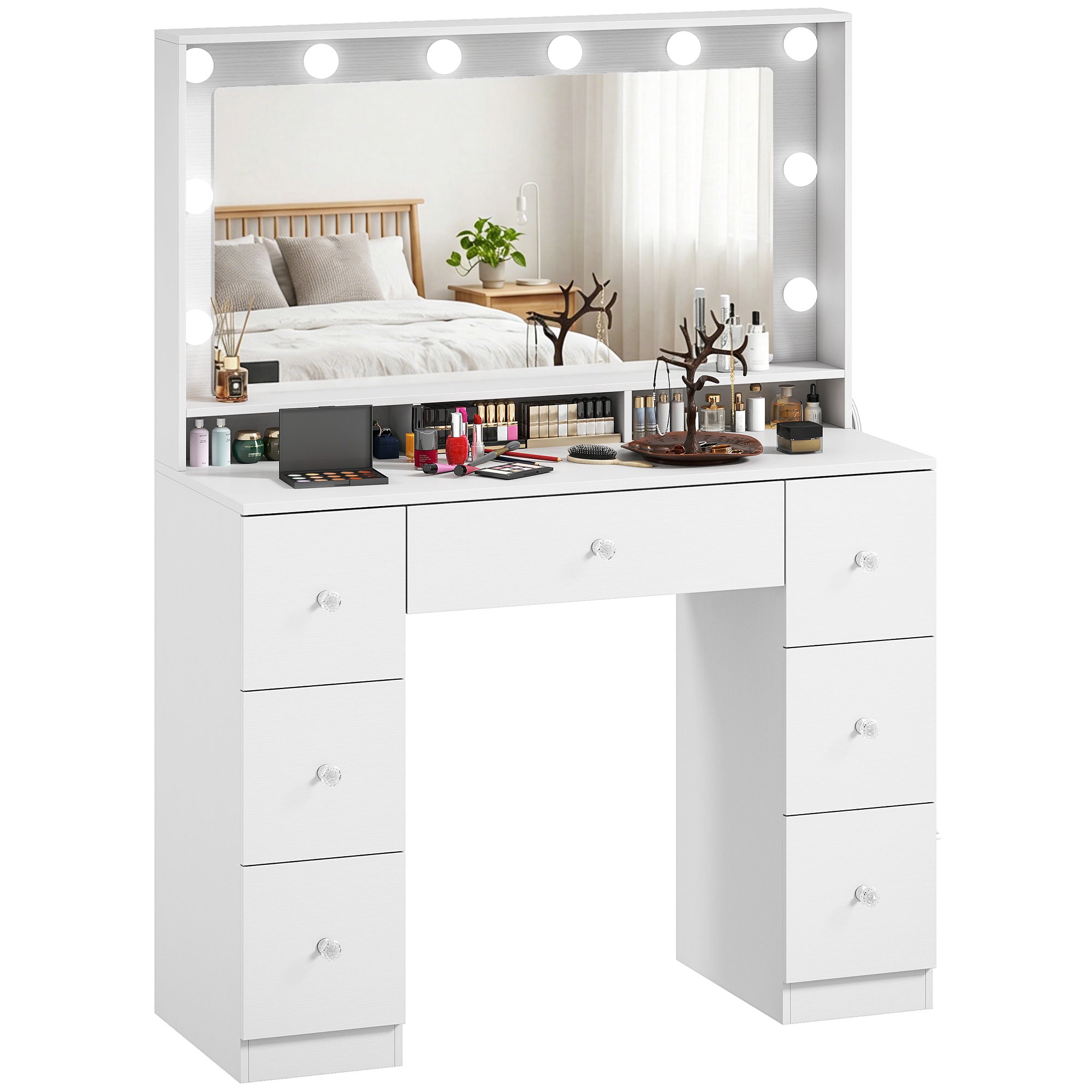 Vanity Desk with 10 Hollywood LED Lights, 3 Colours and Mirror, Makeup Vanity with Charging Station, Dressing Table with 7 Drawers for Bedroom, White