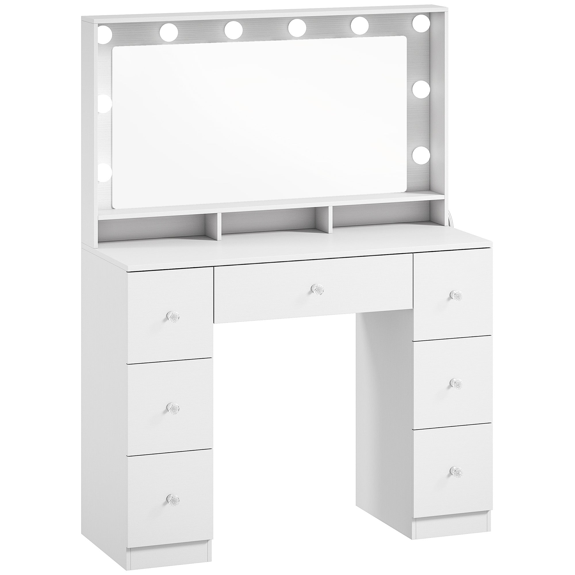 Vanity Desk with 10 Hollywood LED Lights, 3 Colours and Mirror, Makeup Vanity with Charging Station, Dressing Table with 7 Drawers for Bedroom, White