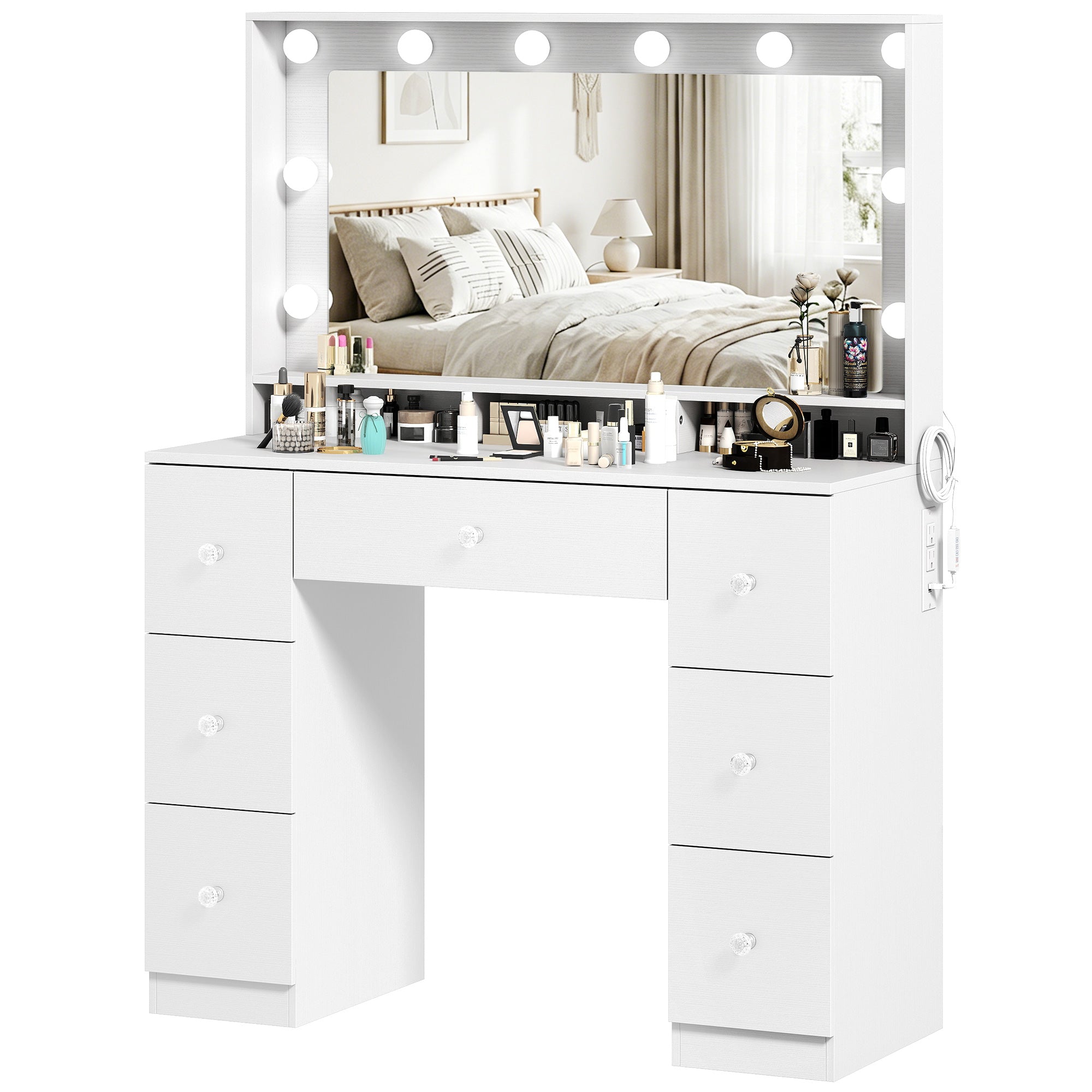 Vanity Desk with 10 Hollywood LED Lights, 3 Colours and Mirror, Makeup Vanity with Charging Station, Dressing Table with 7 Drawers for Bedroom, White