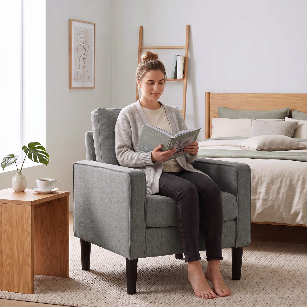 Armchair, Removable Pillow Linen Accent Chair, Comfy Spring Cushion Reading Lounge for Living Room, Bedroom, Study, Dark Grey