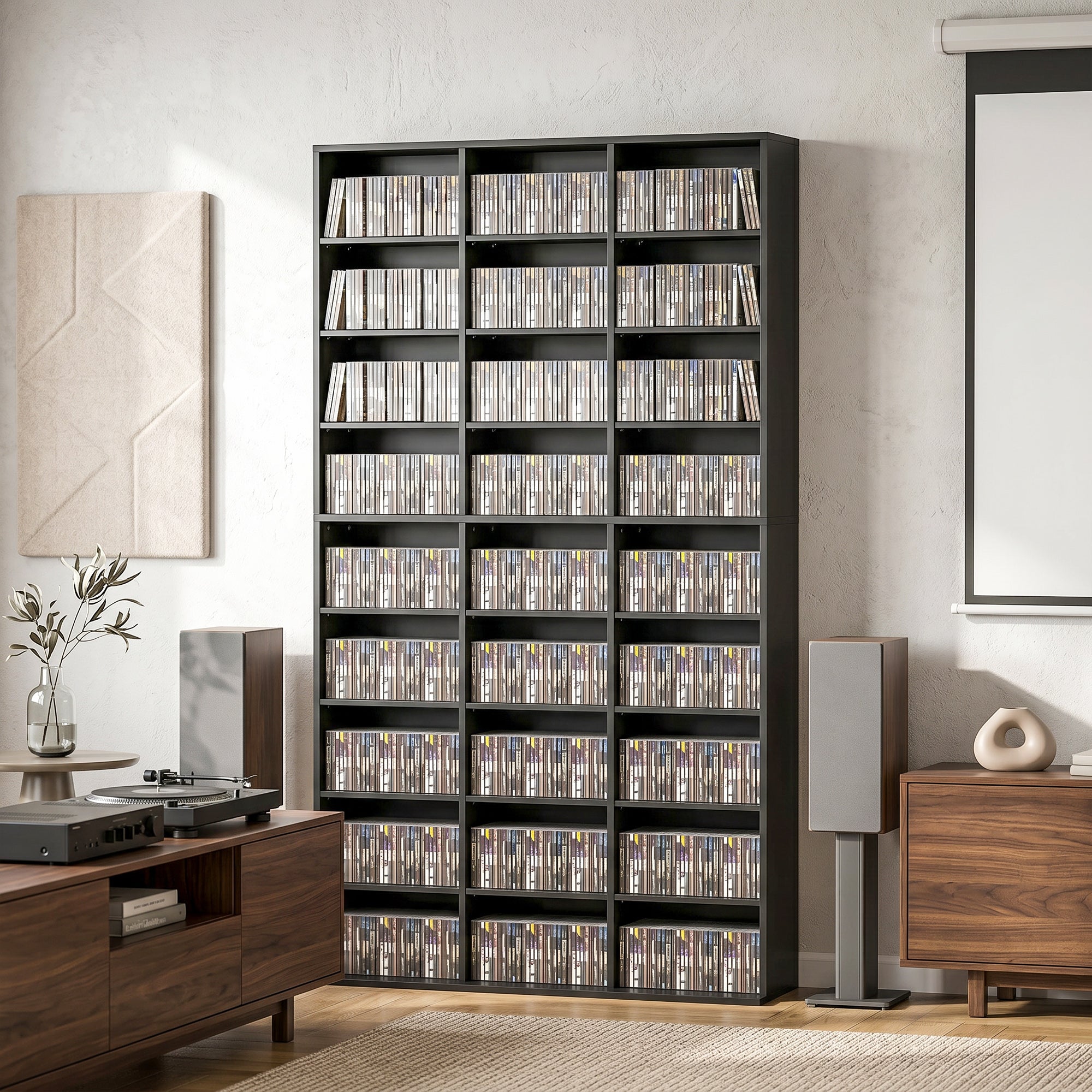 835 CD/500 DVD Storage Unit, Blu-ray Media Storage Shelf with 27 Compartments and 21 Adjustable Shelves, CD Tower for Living Room, Bedroom, Office, Black