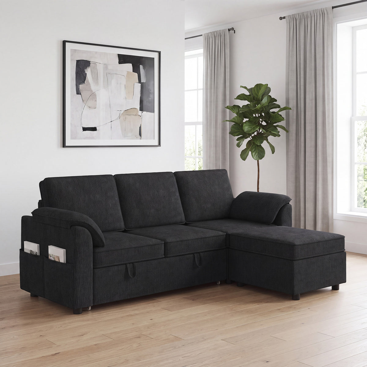 Sectional Sofa Bed, L-Shaped Sleeper Sofa with Reversible Pull Out Couch Bed, Storage Ottoman, Side Pockets, Cushions, Chenille Fabric, Black