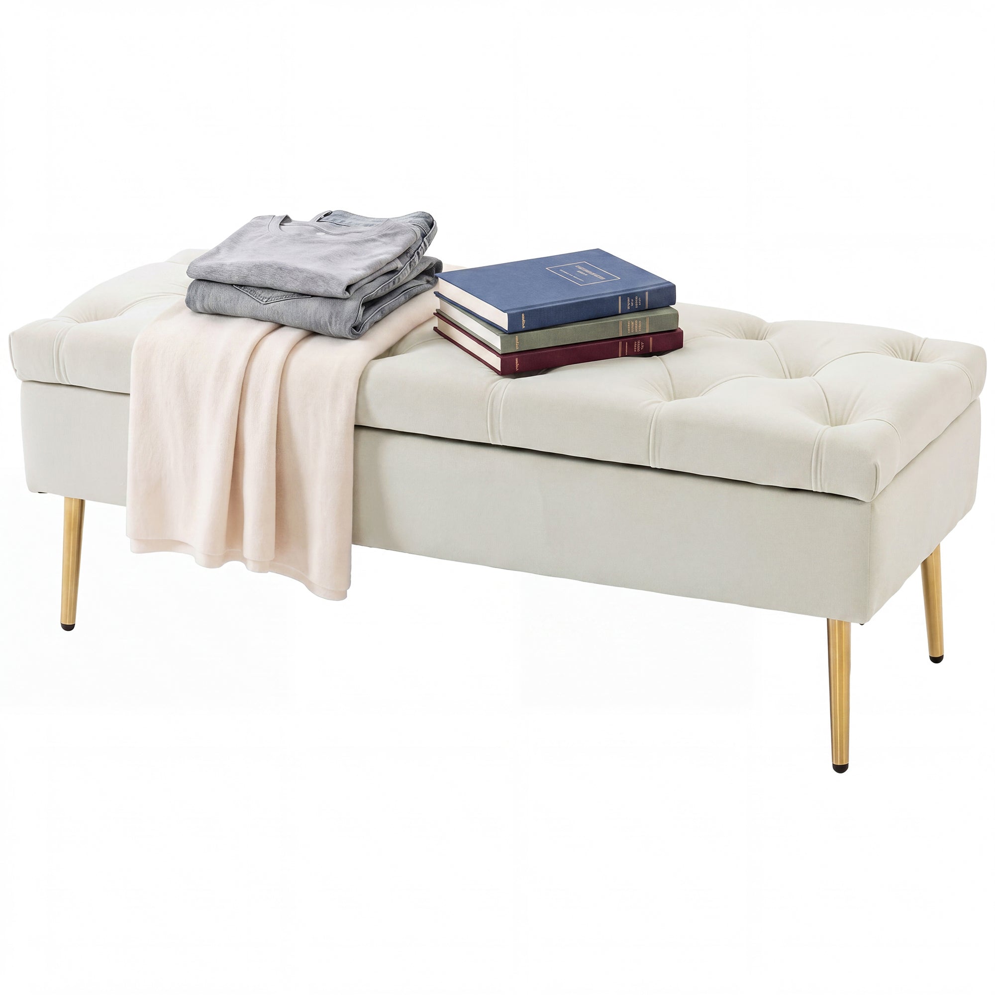 Upholstered Bedroom Bench with Gold Tone Metal Legs, Velvet Button-Tufted Storage Bench, Bench Seat with Thick Padding, Ottoman Bench for Living Room, Hallway, Beige