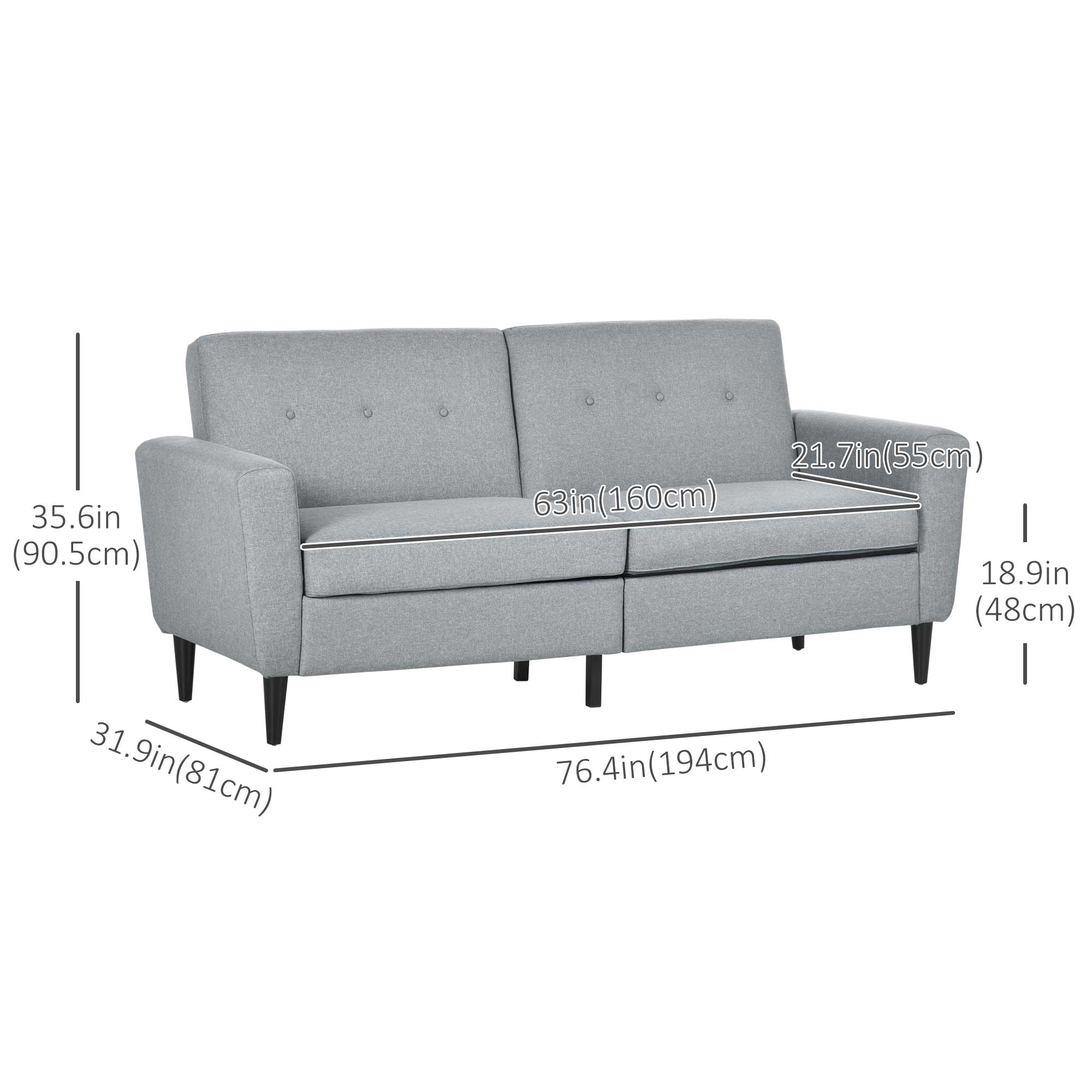 HOMCOM 3 Seater Sofa, Upholstered Couch for Bedroom, Modern Sofa Settee with Padded Cushion, Button Tufting and Wood Legs for Living Room, Grey