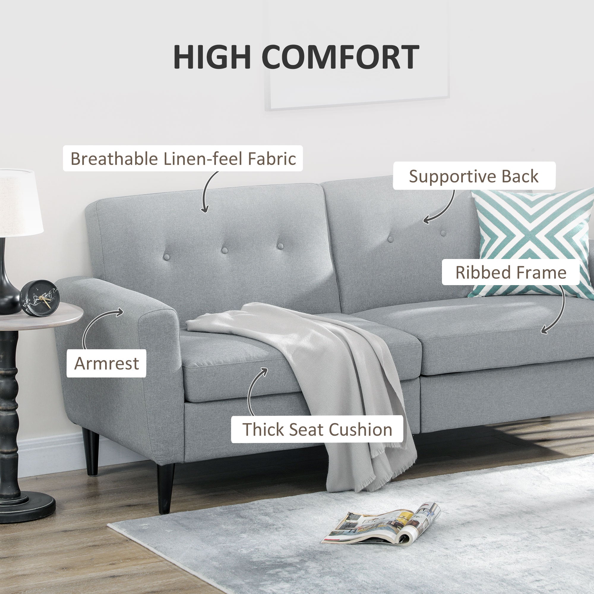 HOMCOM 3 Seater Sofa, Upholstered Couch for Bedroom, Modern Sofa Settee with Padded Cushion, Button Tufting and Wood Legs for Living Room, Grey