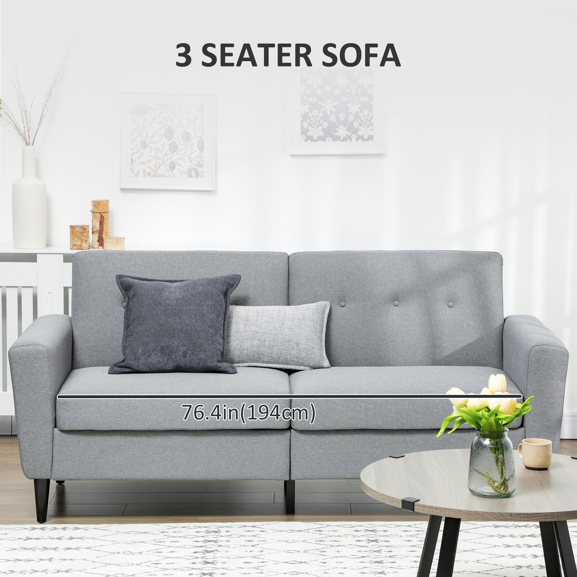 HOMCOM 3 Seater Sofa, Upholstered Couch for Bedroom, Modern Sofa Settee with Padded Cushion, Button Tufting and Wood Legs for Living Room, Grey