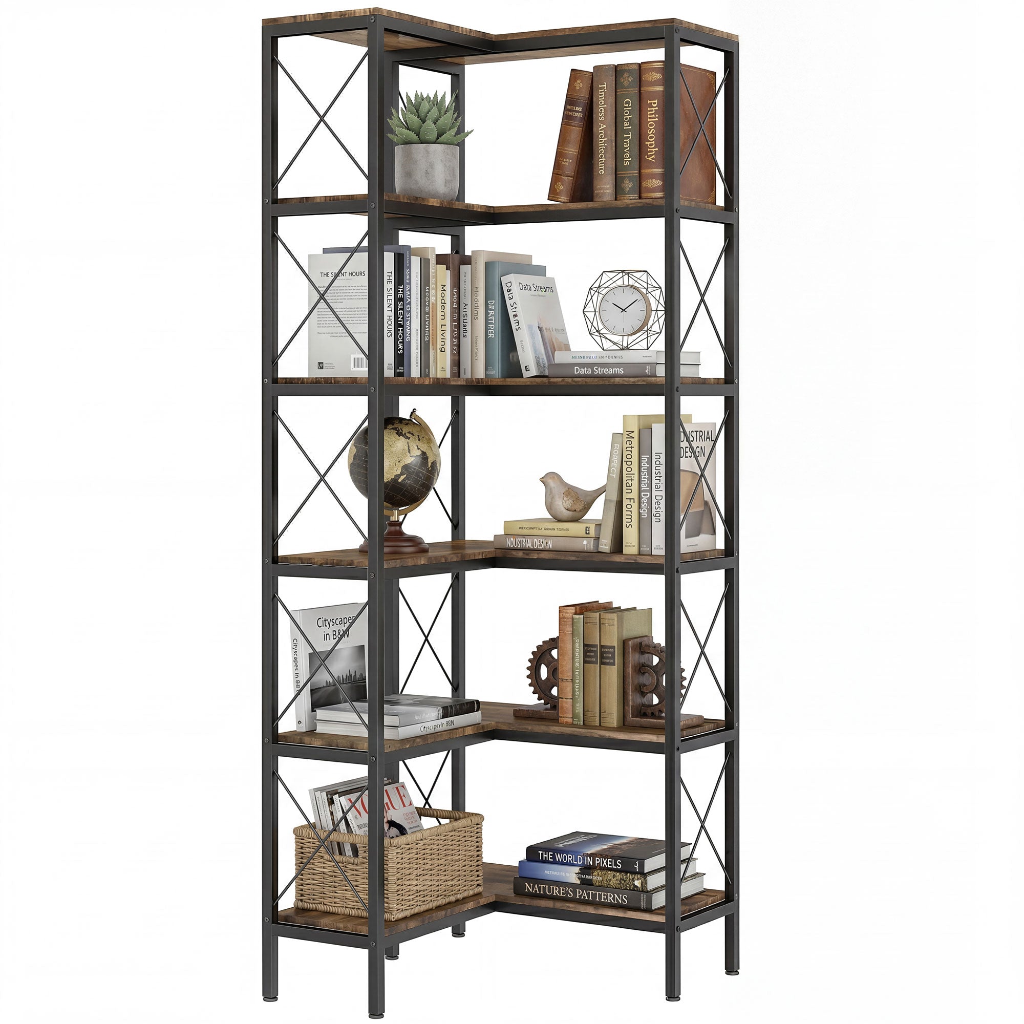 L-Shaped Bookshelf, 5-Tier Corner Bookcase, Freestanding Storage Shelf with Metal Frame for Living Room, Home Study, Rustic Brown