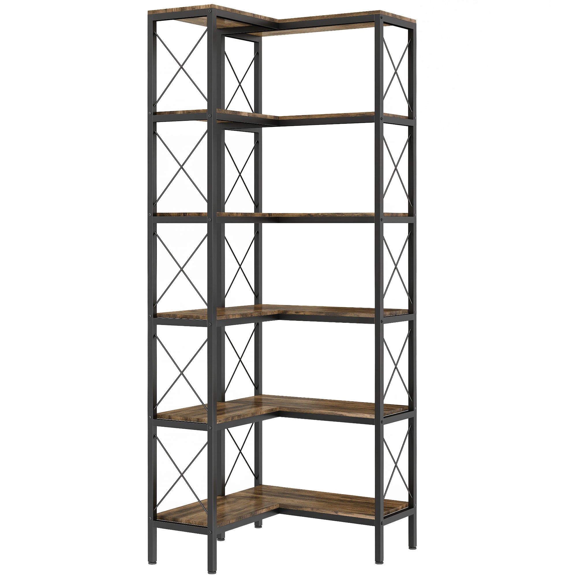 L-Shaped Bookshelf, 5-Tier Corner Bookcase, Freestanding Storage Shelf with Metal Frame for Living Room, Home Study, Rustic Brown