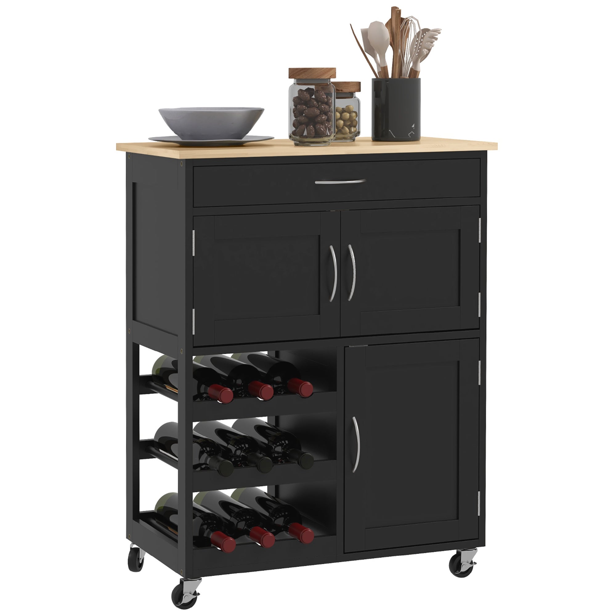 HOMCOM Kitchen Island on Wheels, Rolling Kitchen Cart with Drawer, 9-Bottle Wine Rack, Storage Cabinets, Wooden Countertop (Black)