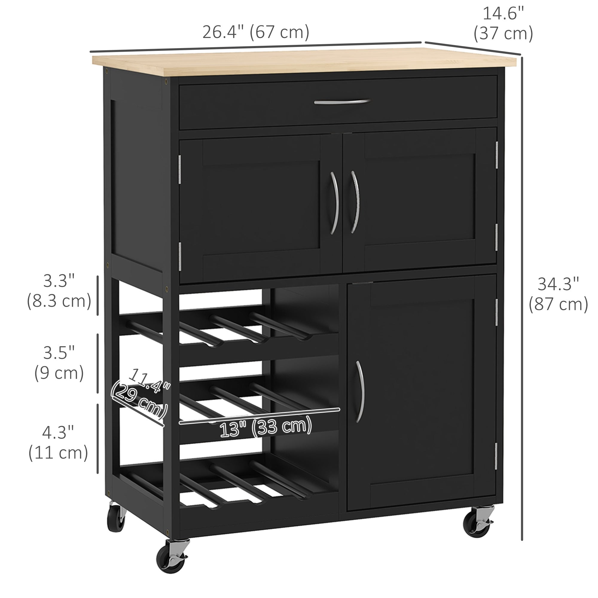 HOMCOM Kitchen Island on Wheels, Rolling Kitchen Cart with Drawer, 9-Bottle Wine Rack, Storage Cabinets, Wooden Countertop (Black)