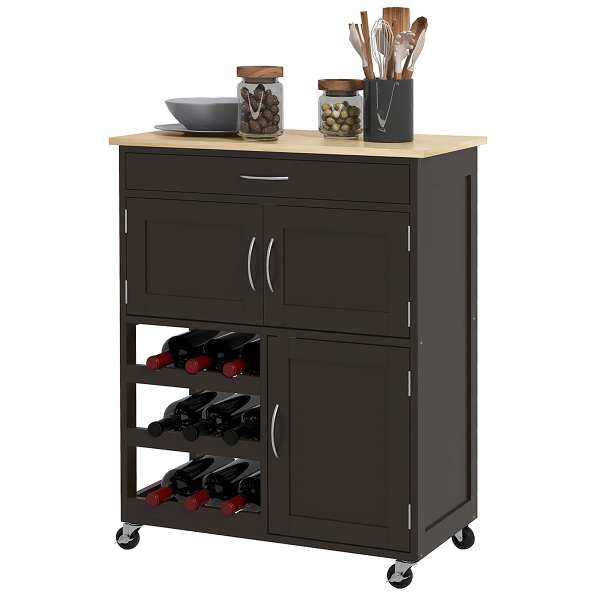 HOMCOM Kitchen Island on Wheels, Rolling Kitchen Cart with Drawer, 9-Bottle Wine Rack, Storage Cabinets, Wooden Countertop (Black)