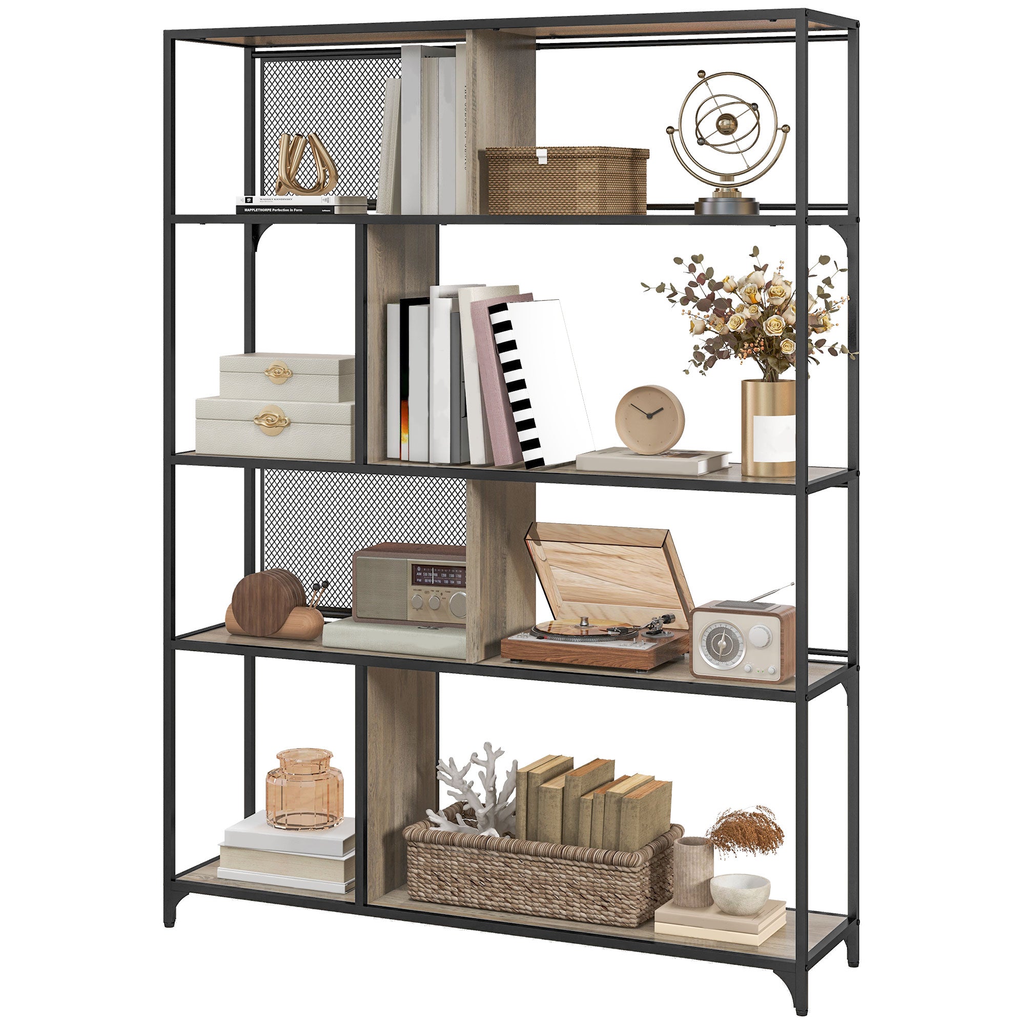 HOMCOM 5 Tier Book Shelf with Sliding Mesh Doors, Industrial Storage Shelves, Metal Shelving Unit for Living Room, Study, Bedroom, Grey Wood Grain