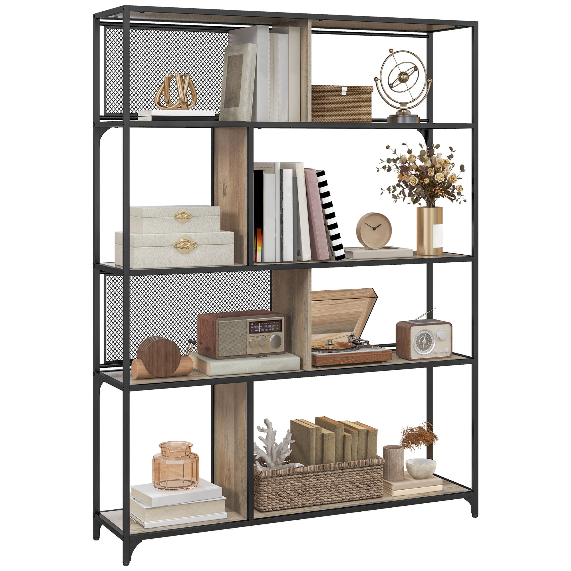 HOMCOM 5 Tier Book Shelf with Sliding Mesh Doors, Industrial Storage Shelves, Metal Shelving Unit for Living Room, Study, Bedroom, Grey Wood Grain