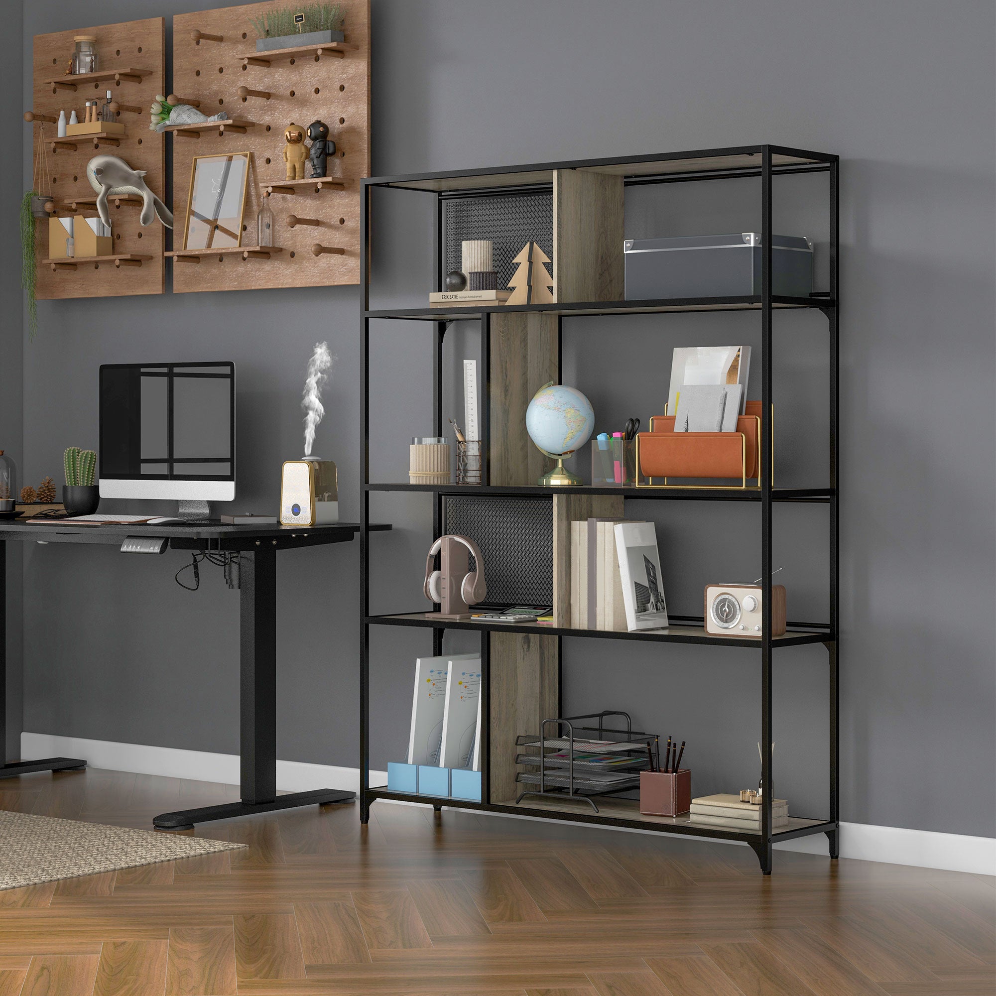 HOMCOM 5 Tier Book Shelf with Sliding Mesh Doors, Industrial Storage Shelves, Metal Shelving Unit for Living Room, Study, Bedroom, Grey Wood Grain