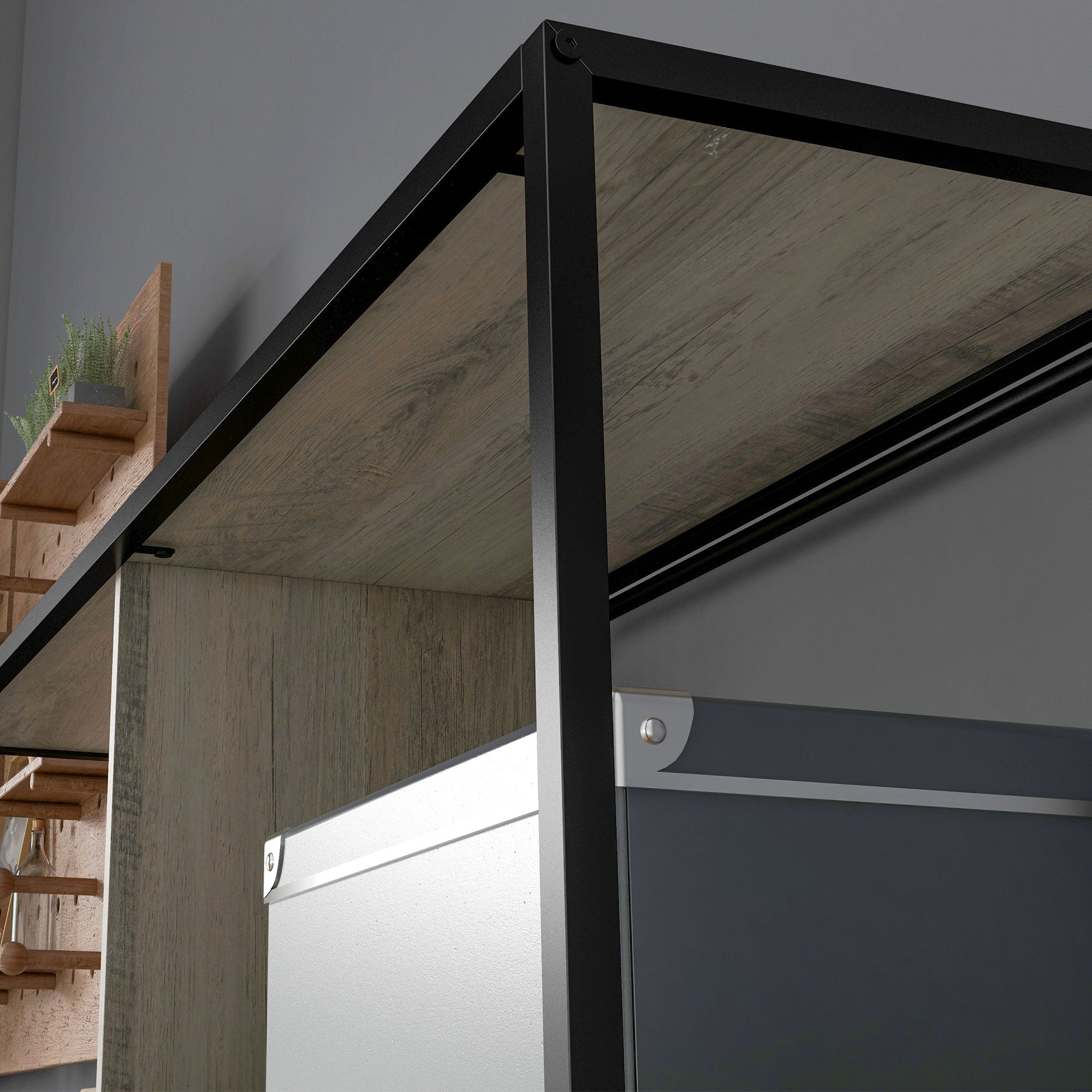 HOMCOM 5 Tier Book Shelf with Sliding Mesh Doors, Industrial Storage Shelves, Metal Shelving Unit for Living Room, Study, Bedroom, Grey Wood Grain