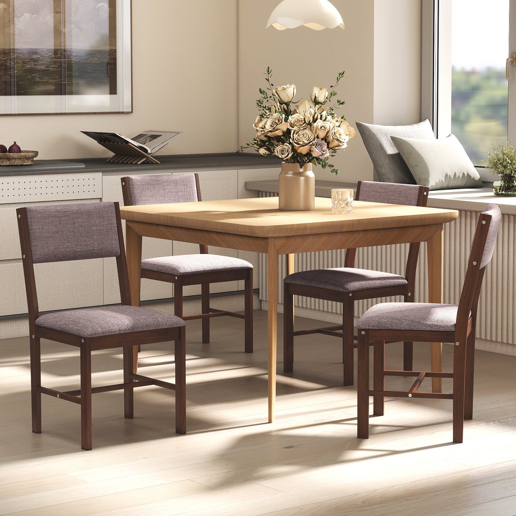 Modern Dining Chairs Set of 4, Linen Fabric Upholstered Kitchen Chairs with Rubberwood Legs for Dining Room, Living Room, Brown and Light Brown