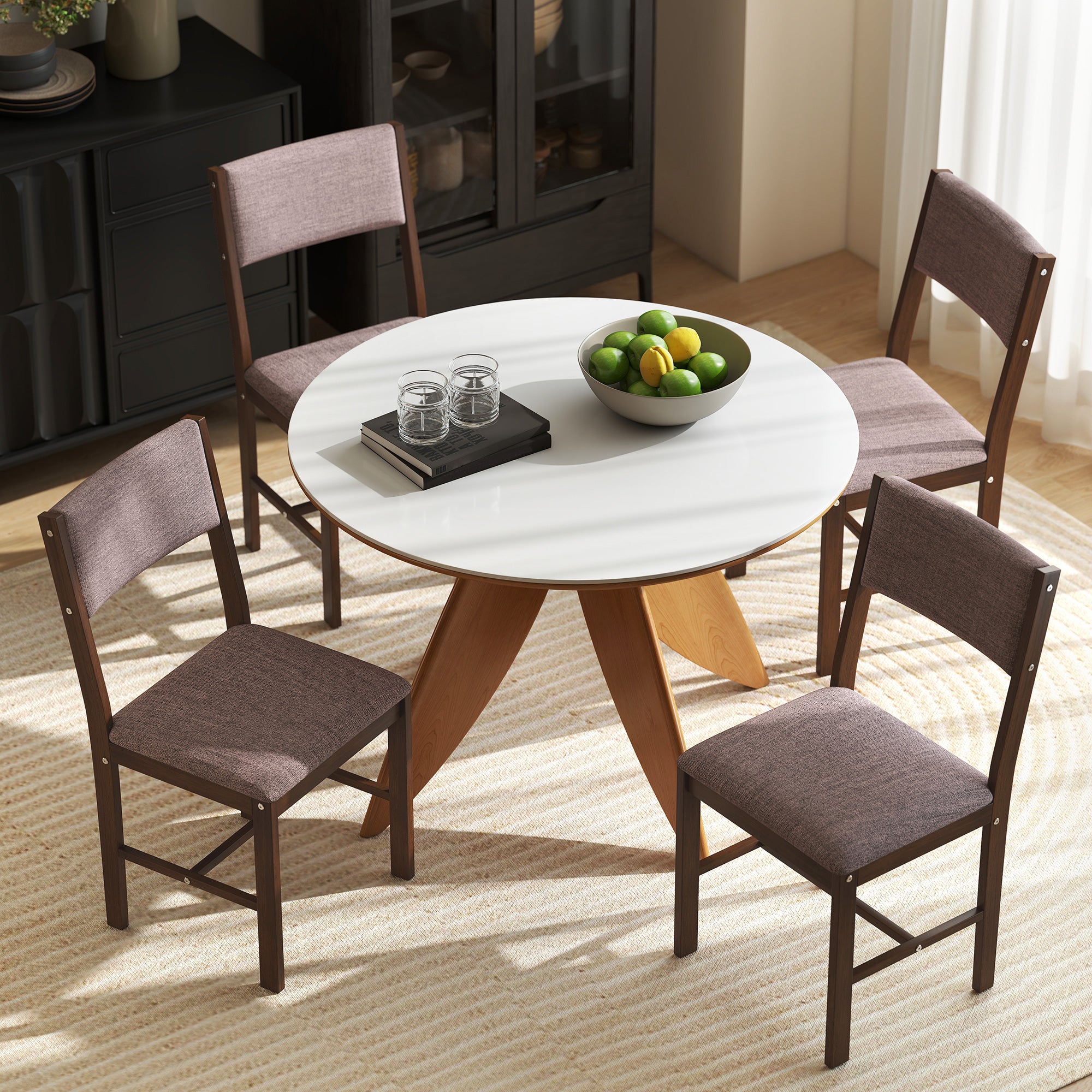 Modern Dining Chairs Set of 4, Linen Fabric Upholstered Kitchen Chairs with Rubberwood Legs for Dining Room, Living Room, Brown and Light Brown