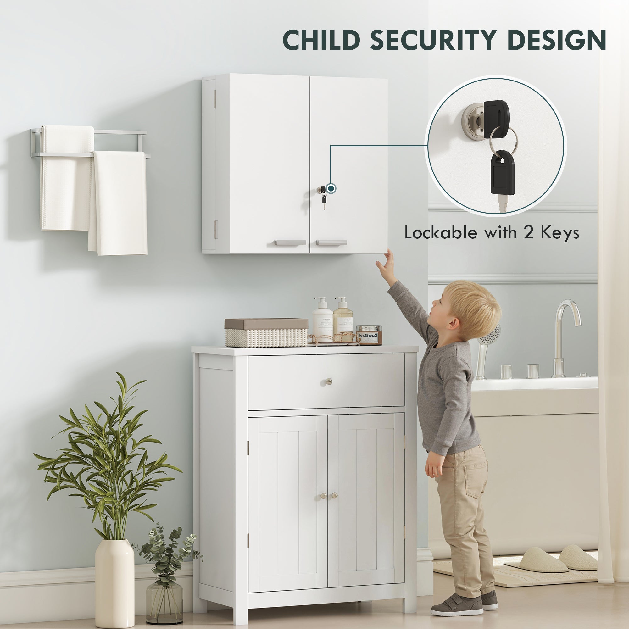 Wall Mount Medicine Cabinet with Key Lock, 3 Tier First Aid Cabinet with 2 Doors and 11 Storage Compartments, Medical Organiser for Bathroom, Home Office, 53 x 20 x 53 cm, White