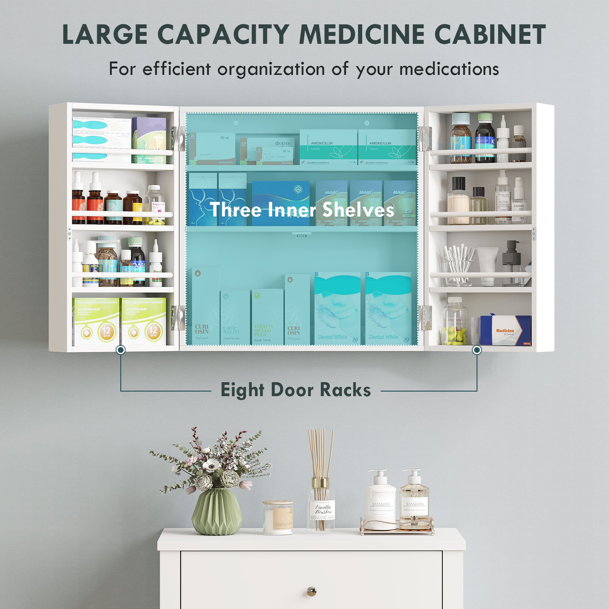 Wall Mount Medicine Cabinet with Key Lock, 3 Tier First Aid Cabinet with 2 Doors and 11 Storage Compartments, Medical Organiser for Bathroom, Home Office, 53 x 20 x 53 cm, White
