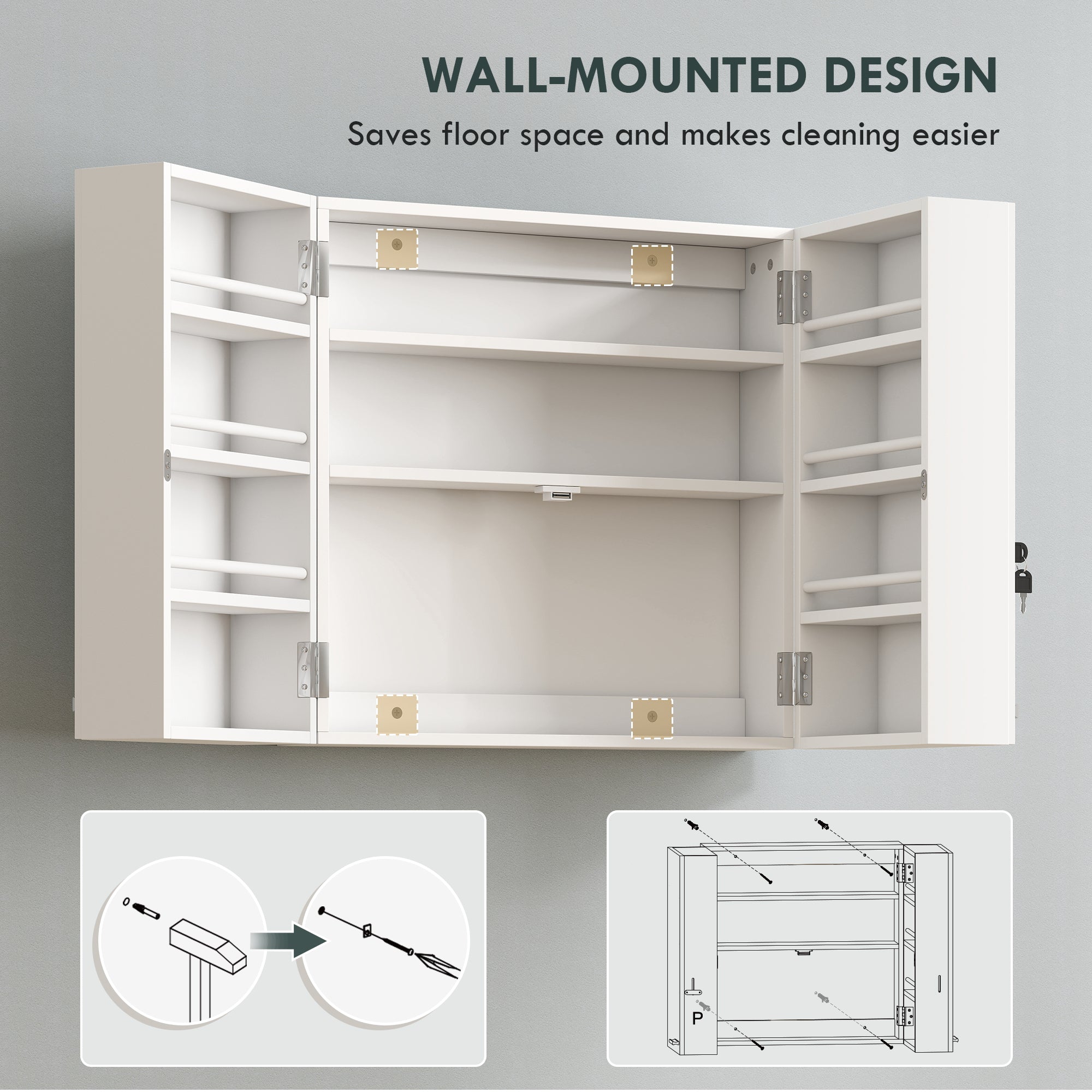 Wall Mount Medicine Cabinet with Key Lock, 3 Tier First Aid Cabinet with 2 Doors and 11 Storage Compartments, Medical Organiser for Bathroom, Home Office, 53 x 20 x 53 cm, White