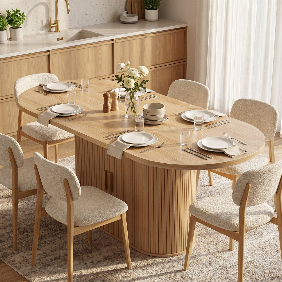 Oval Dining Table for 6 People, Modern Farmhouse Kitchen Table with Thick Tabletop, Under Cabinets and Tambour Sliding Doors for Kitchen, Dining Room, Living Room, Oak