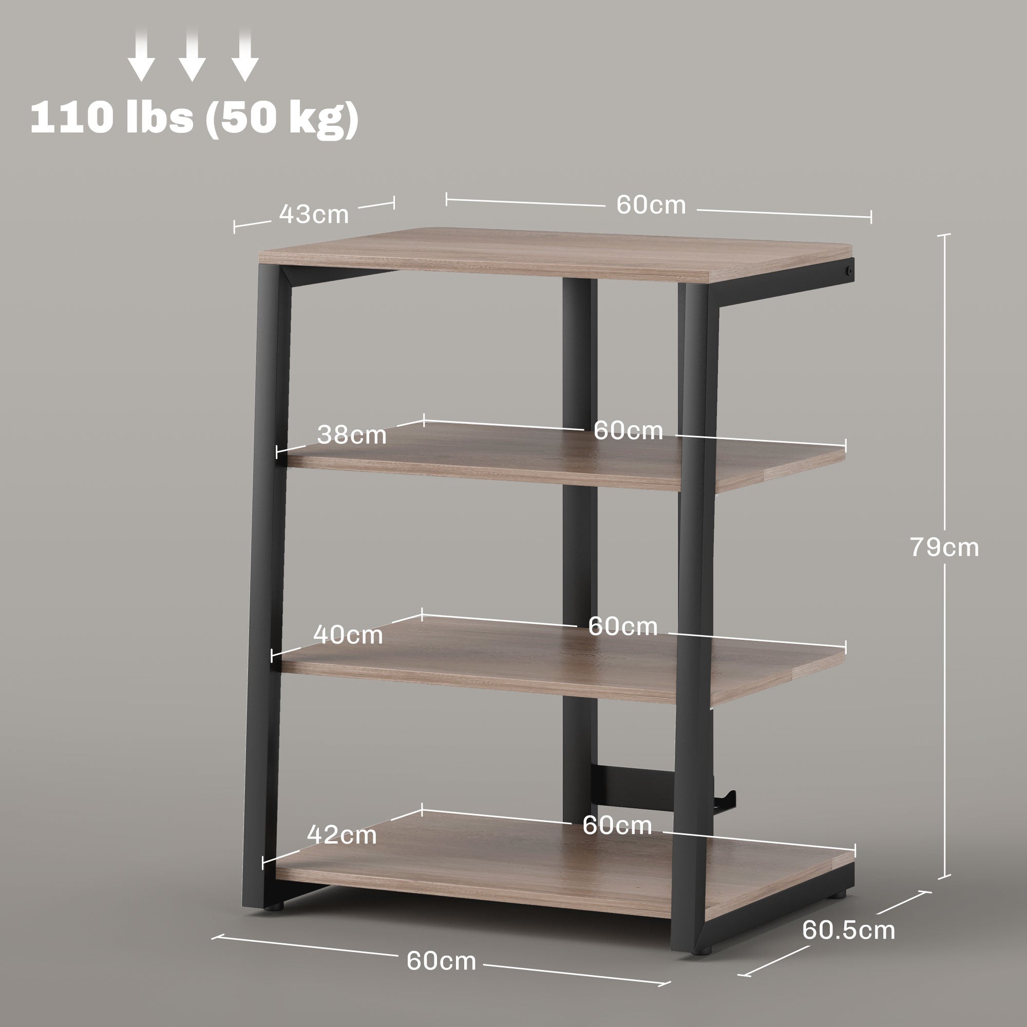HOMCOM HiFi Stand, 4-Tier Media Storage Shelf with Adjustable Shelves, Power Strip Rack for Router, Record Player, Printer, Industrial TV Stand for up to 28 Inch TVs, Grey