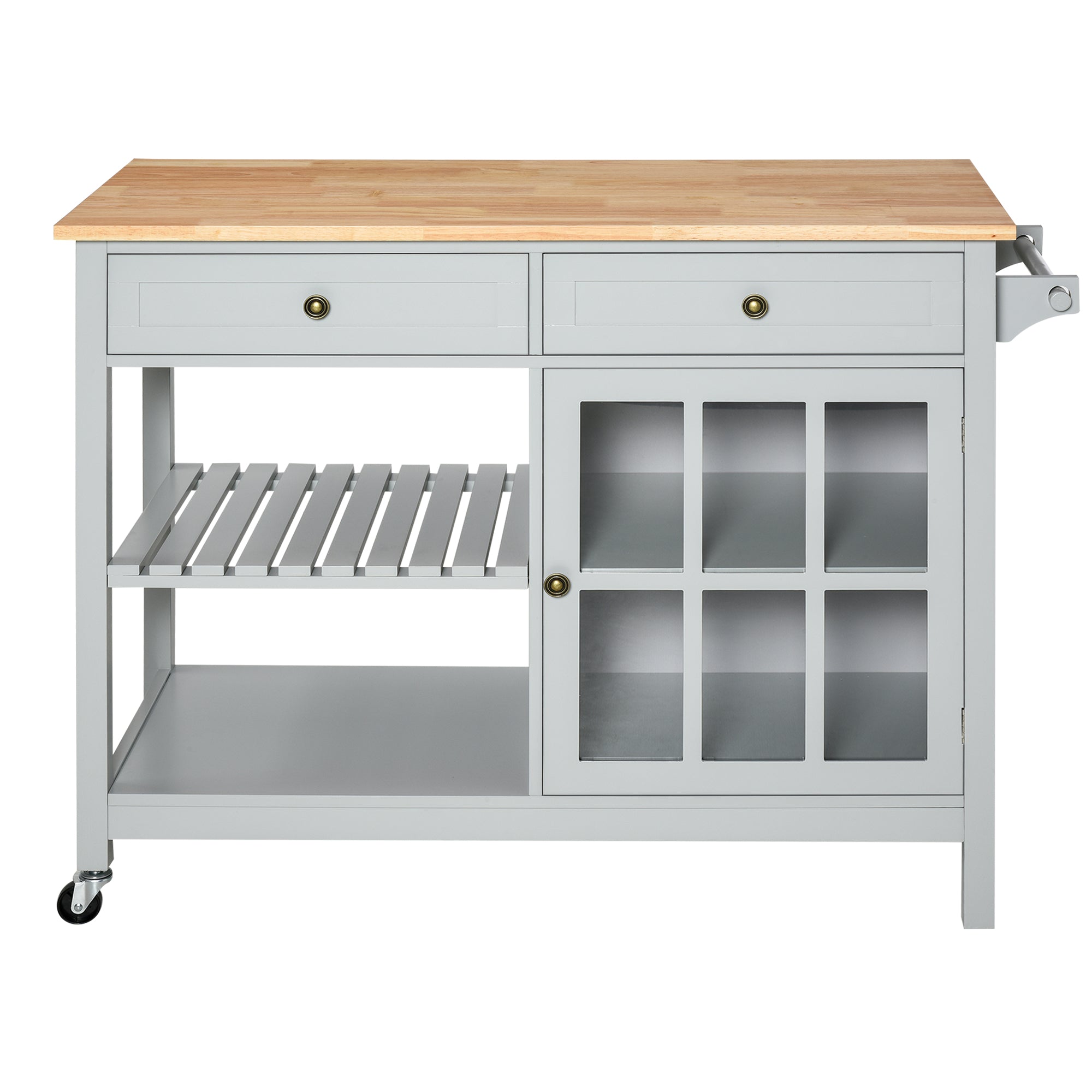 HOMCOM Rolling Kitchen Island, Kitchen Cart on Wheels with Rubber Wood Top, Towel Rack, Cabinets, Drawers for Dining Room, Grey