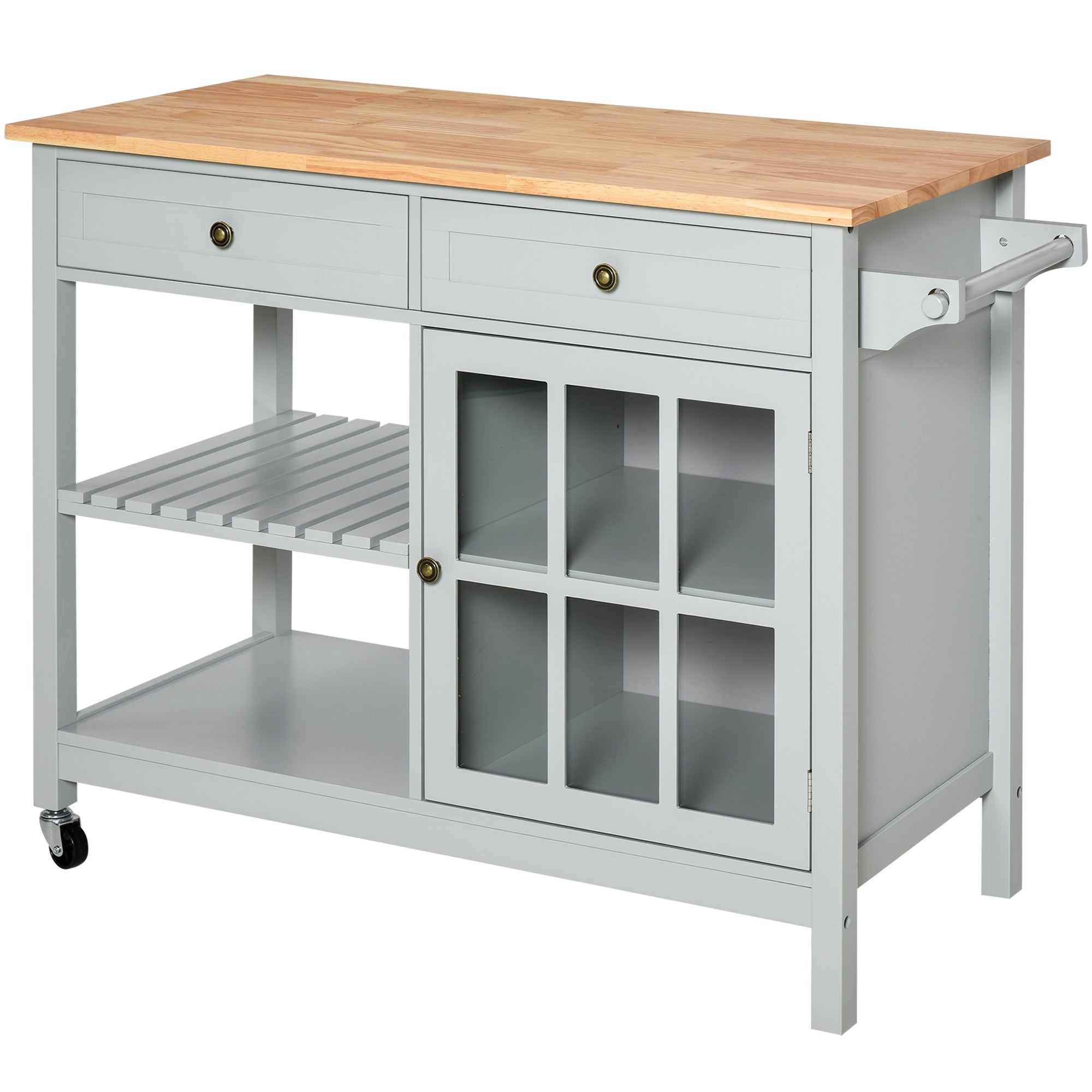 HOMCOM Rolling Kitchen Island, Kitchen Cart on Wheels with Rubber Wood Top, Towel Rack, Cabinets, Drawers for Dining Room, Grey