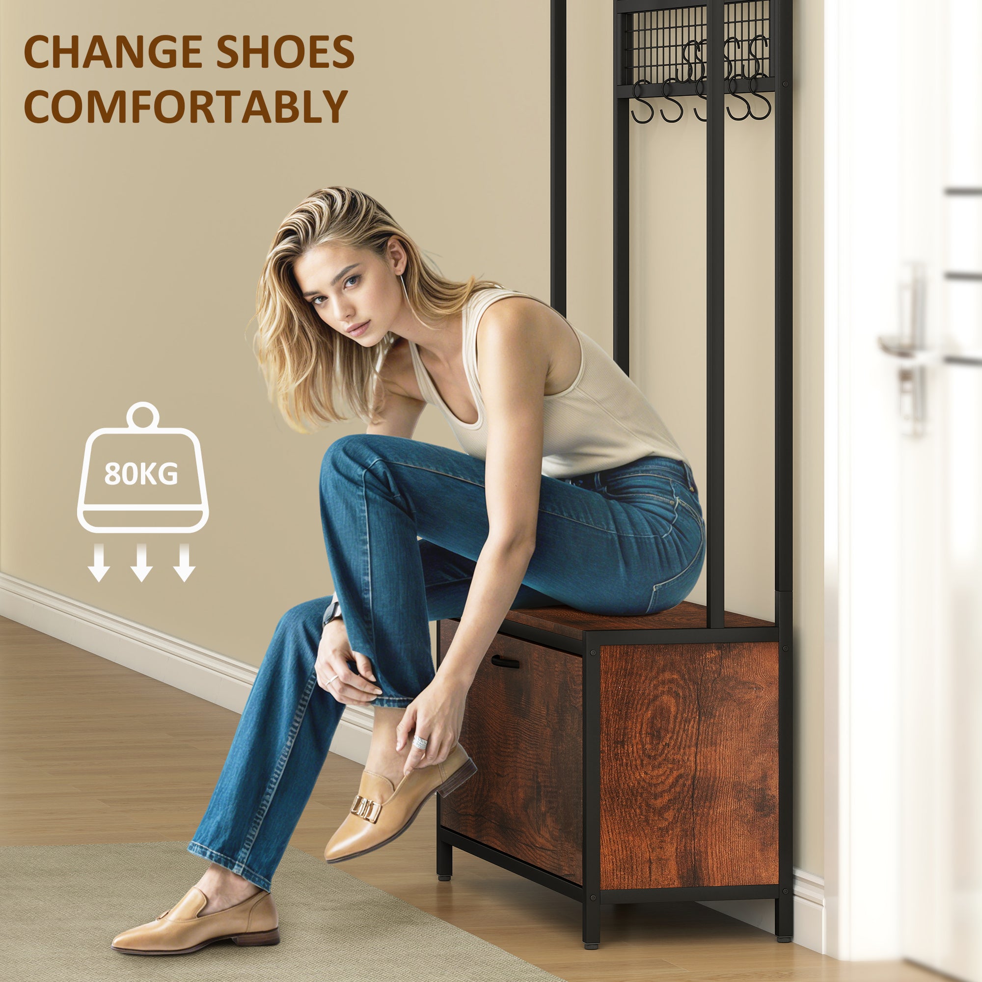 Coat Rack with Shoe Storage Bench and Grid Panel, Hall Tree, 5-In-1 Industrial Coat Rack Stand with Shoe Cabinet and 10 Hooks for Hallway, Entryway, Living Room, Rustic Brown