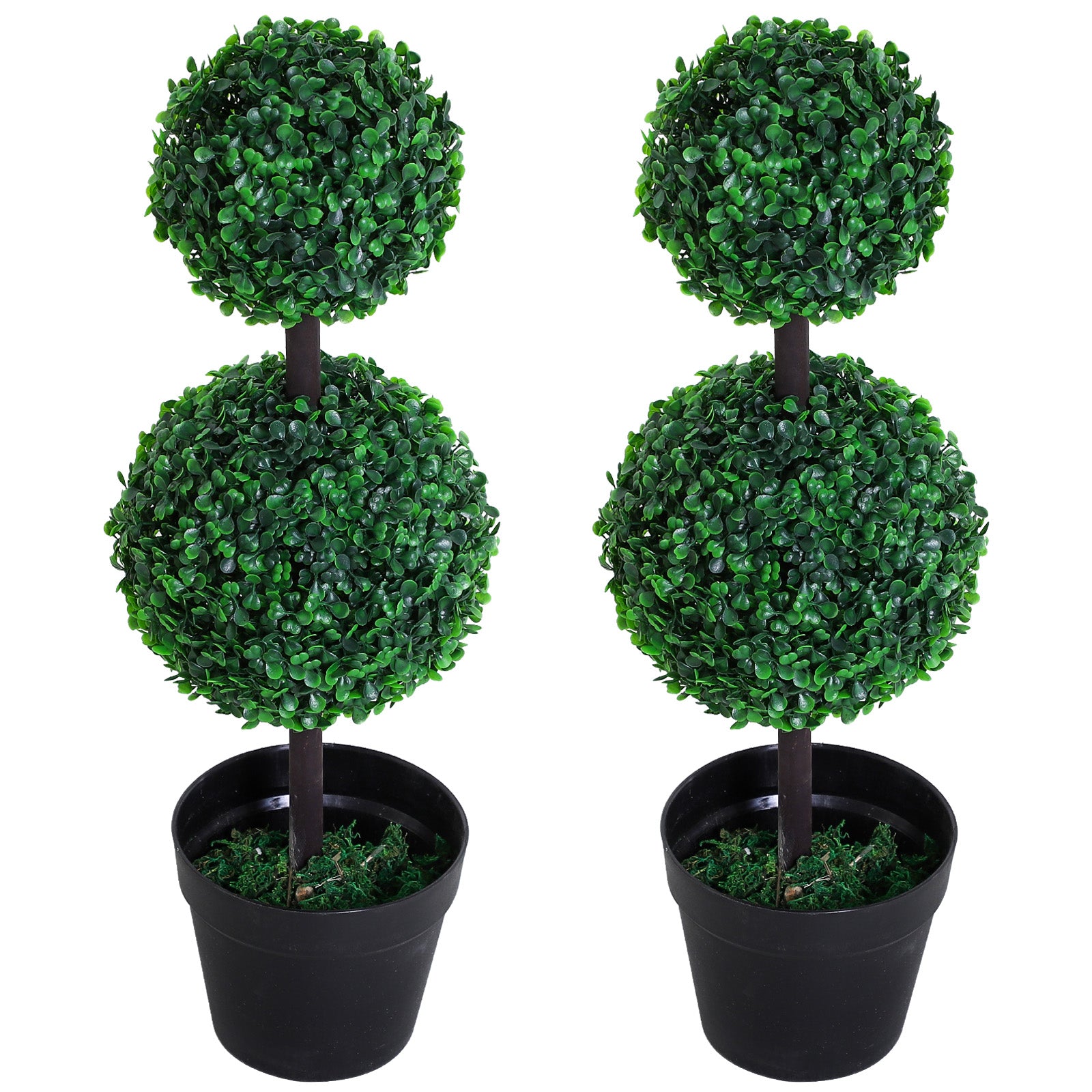 Boxwood Topiary Tree Set of 2, 2-Ball Artificial Plant, UV Resistant for Home Office, Living Room Decor, Dark Green