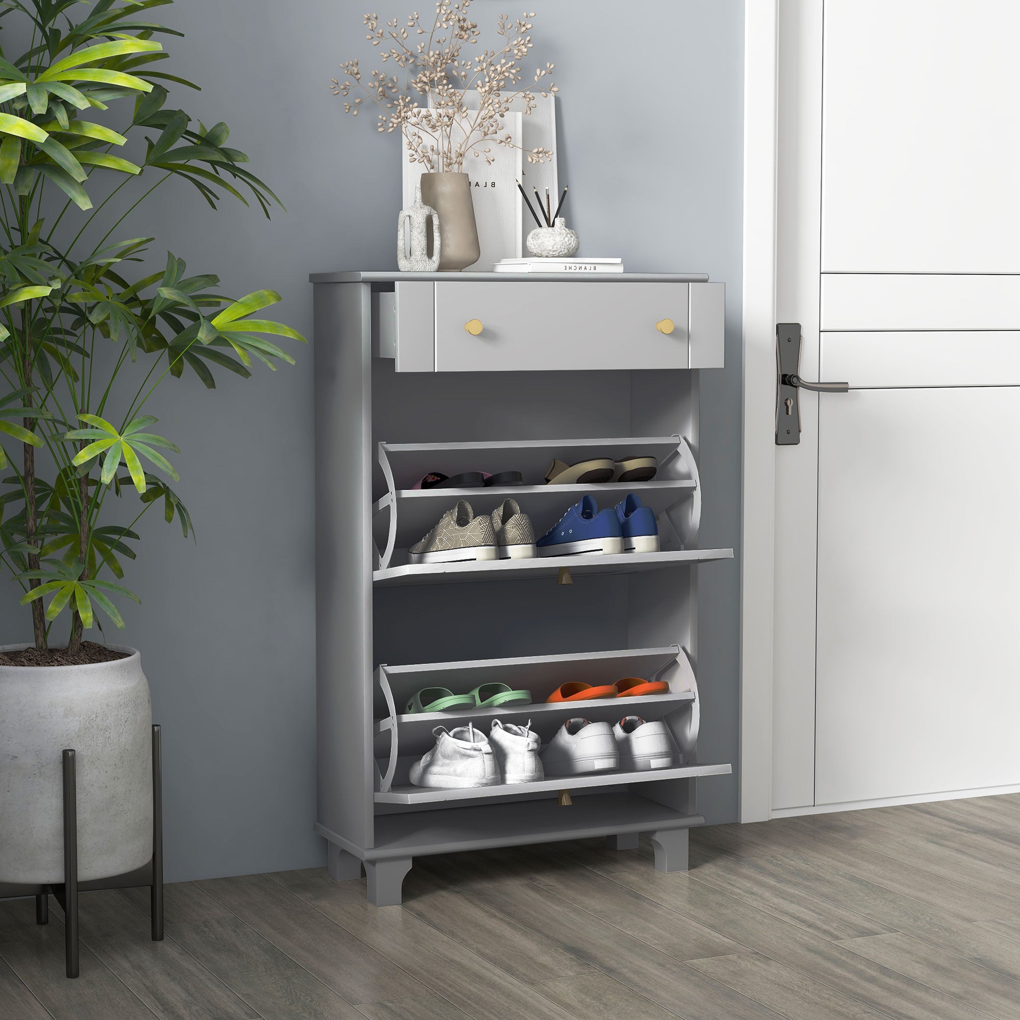 HOMCOM Narrow Shoe Cabinet with 2 Flip Drawers, Modern Shoe Storage Cabinet with Adjustable Shelves for Entryway, Hallway, Holds 8 Pairs of Shoes, Grey