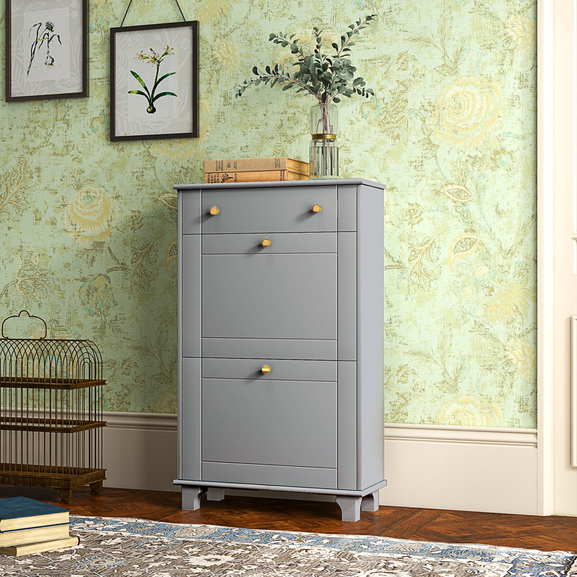 HOMCOM Narrow Shoe Cabinet with 2 Flip Drawers, Modern Shoe Storage Cabinet with Adjustable Shelves for Entryway, Hallway, Holds 8 Pairs of Shoes, Grey