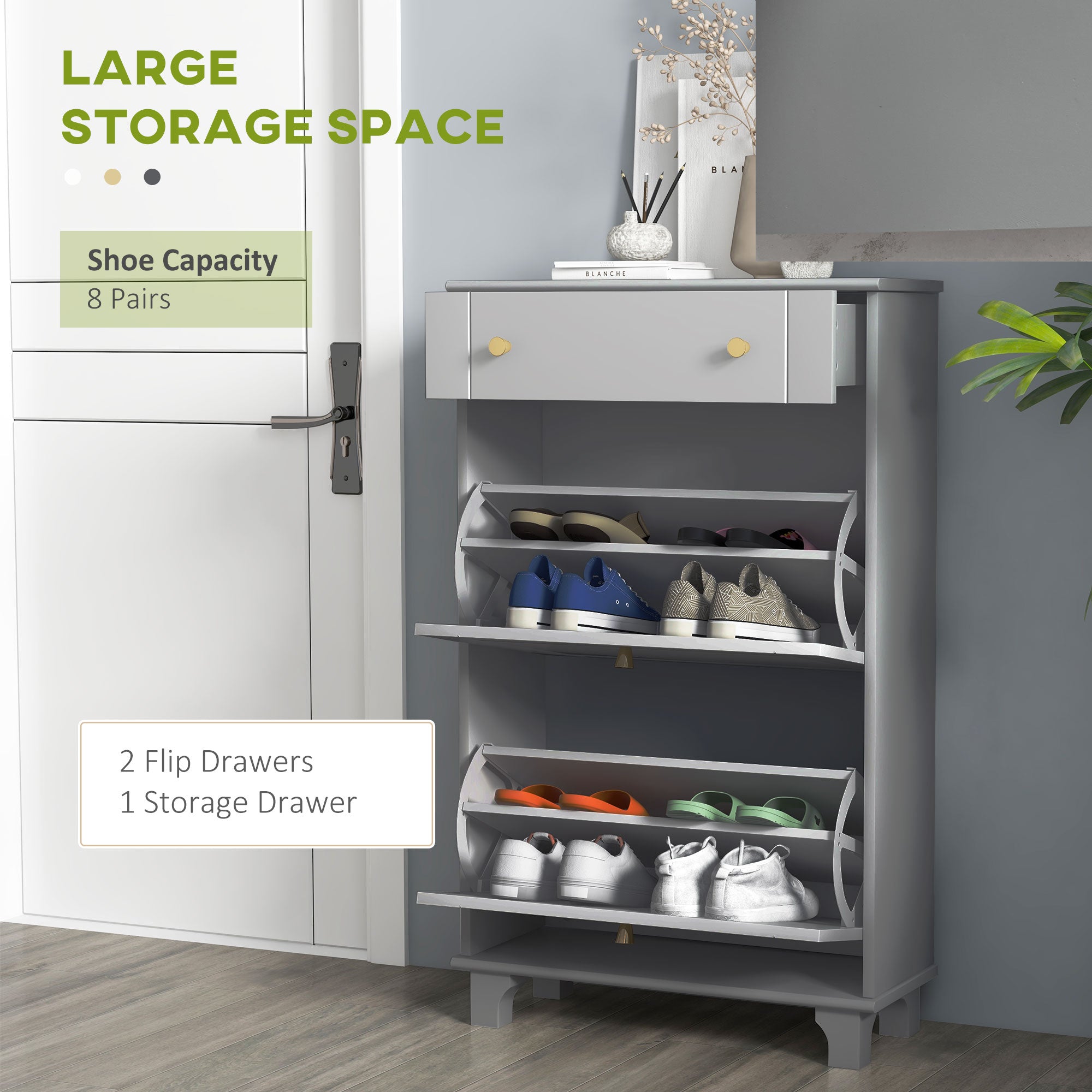 HOMCOM Narrow Shoe Cabinet with 2 Flip Drawers, Modern Shoe Storage Cabinet with Adjustable Shelves for Entryway, Hallway, Holds 8 Pairs of Shoes, Grey