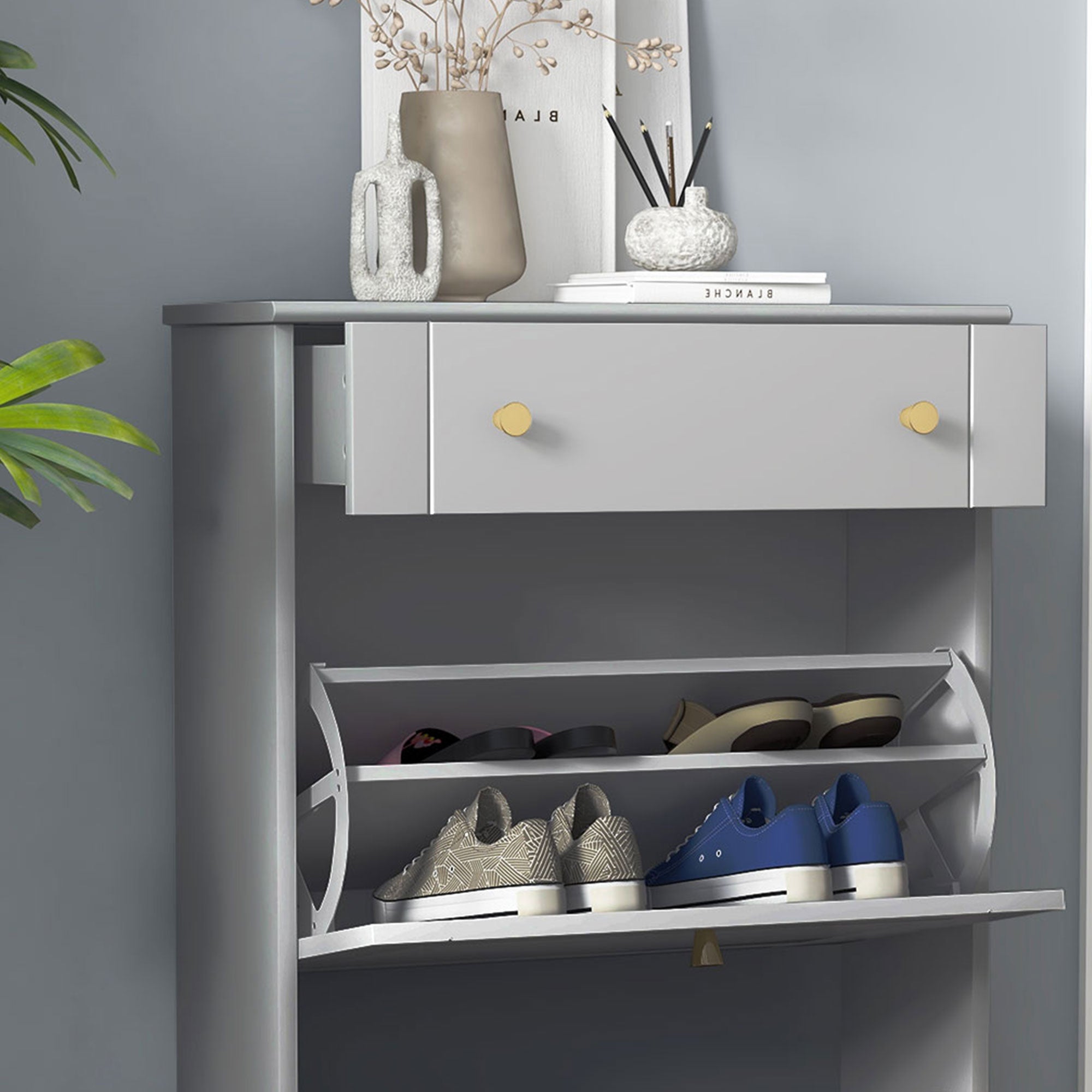 HOMCOM Narrow Shoe Cabinet with 2 Flip Drawers, Modern Shoe Storage Cabinet with Adjustable Shelves for Entryway, Hallway, Holds 8 Pairs of Shoes, Grey